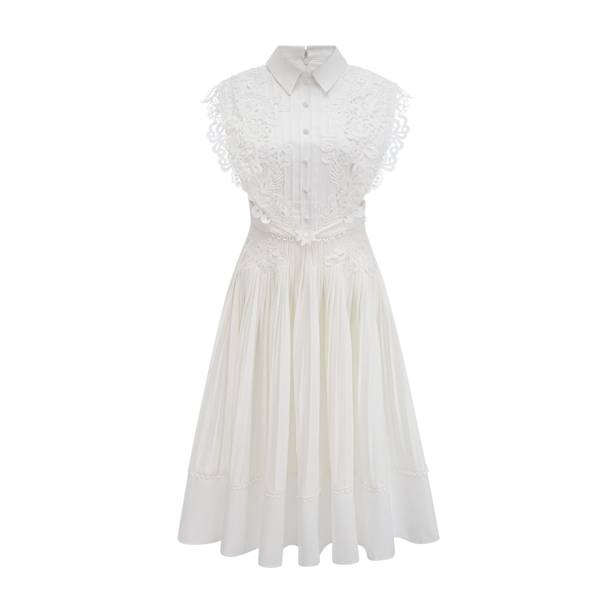 Avalon Midi Dress with Lace and Pleated Details, S / White