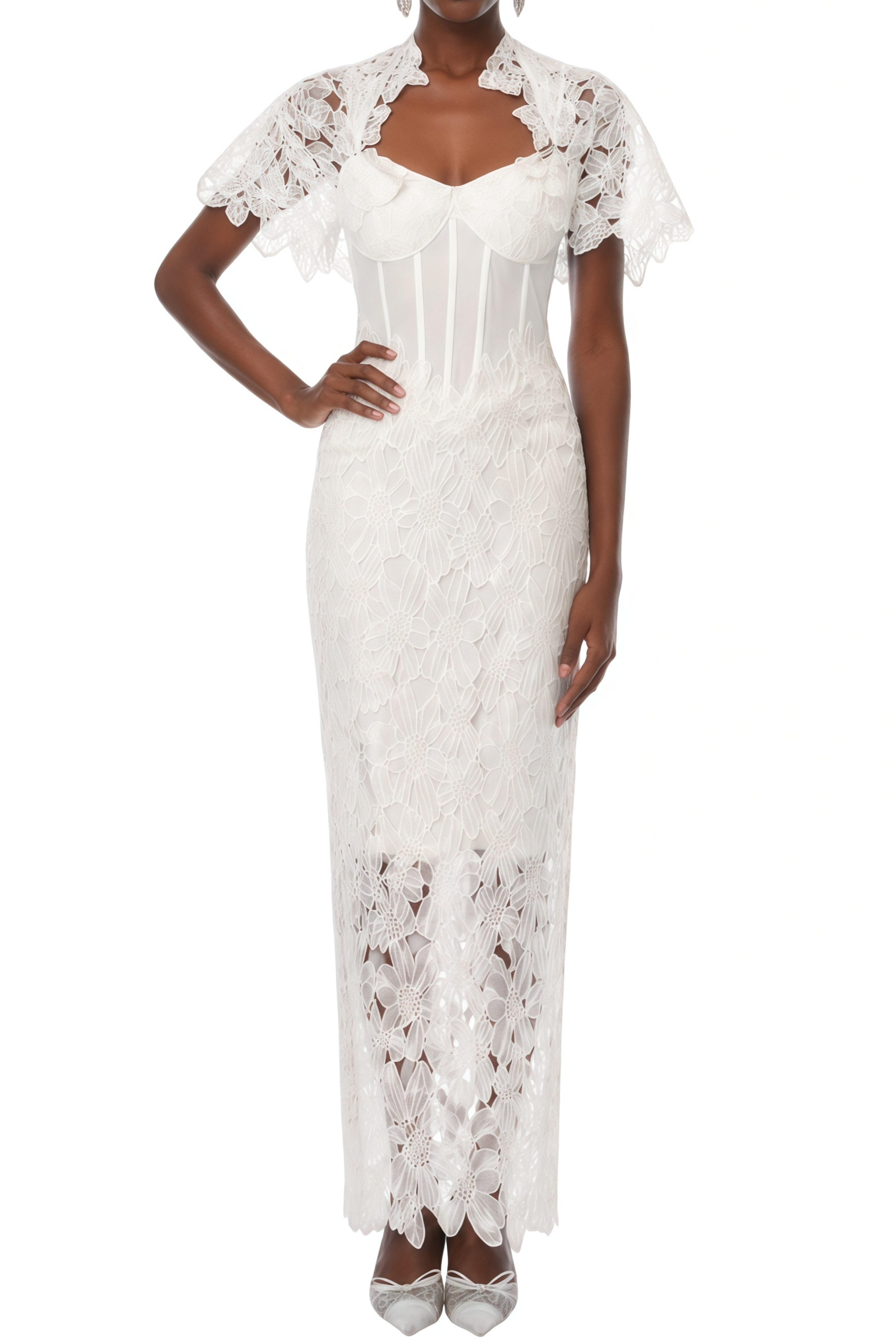 Elaine White Floral Lace Shawl & Corset Dress Set