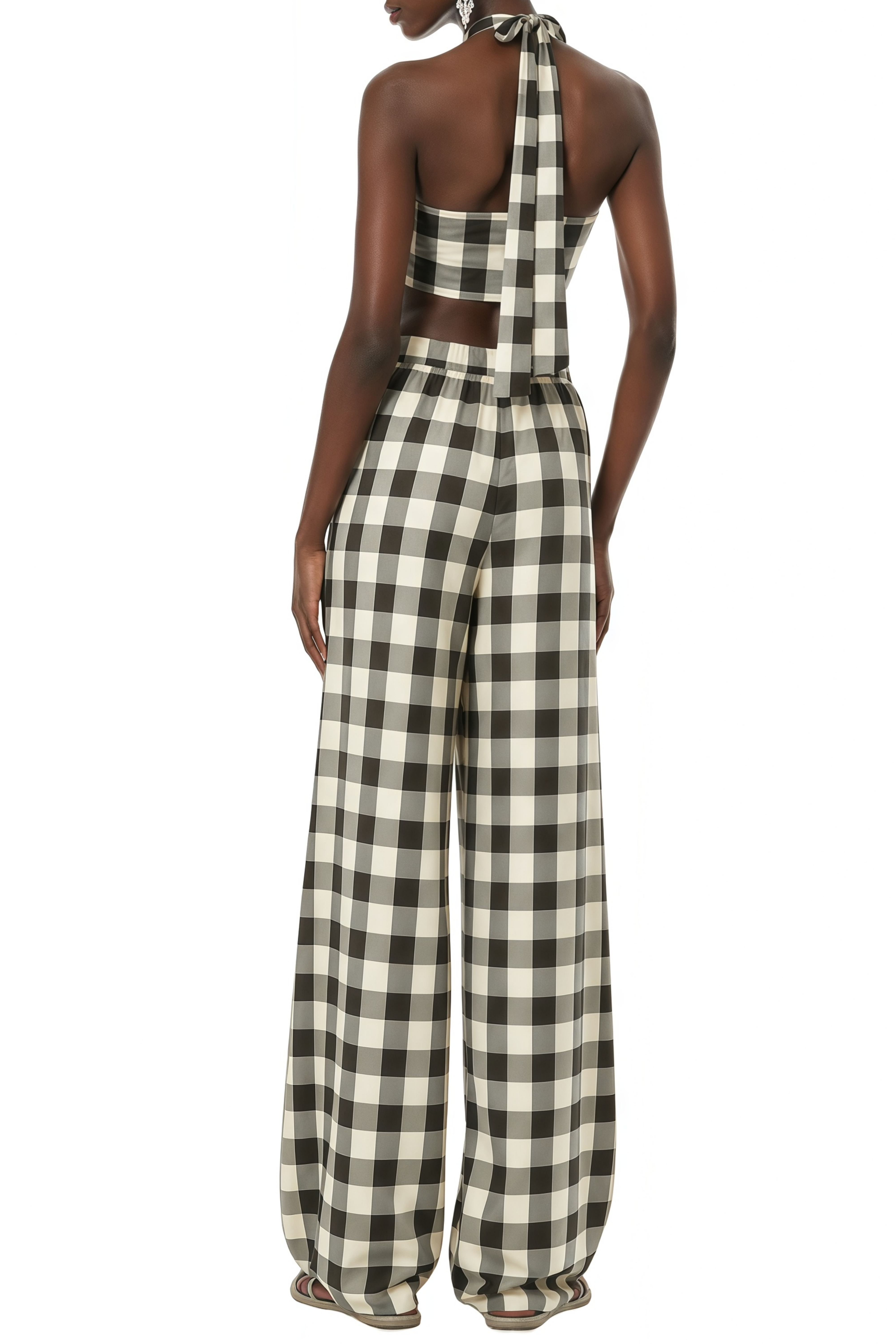 Elvira Brown Gingham Print Top & Trousers Set