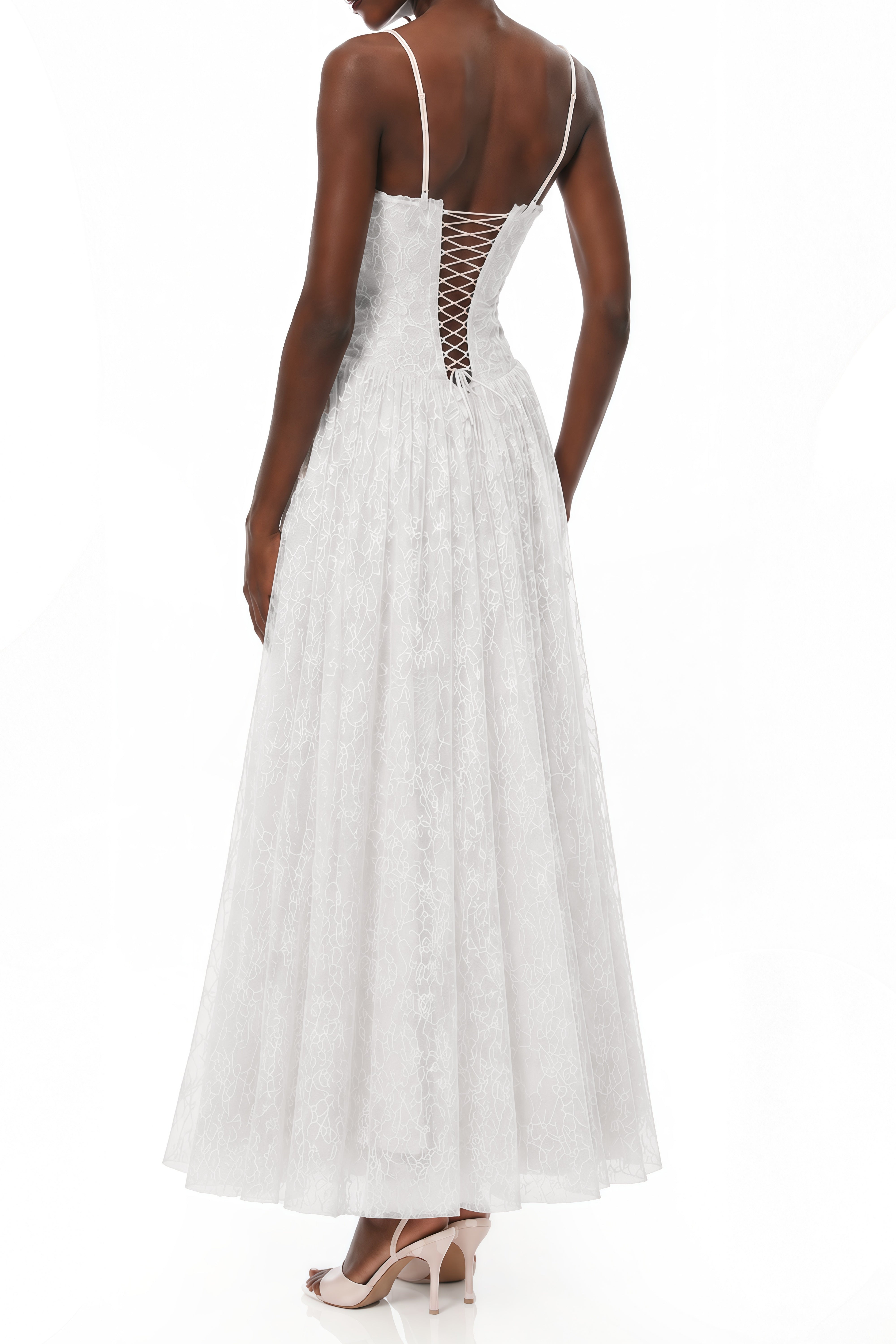 Florence White Mesh Lace Up Maxi Dress