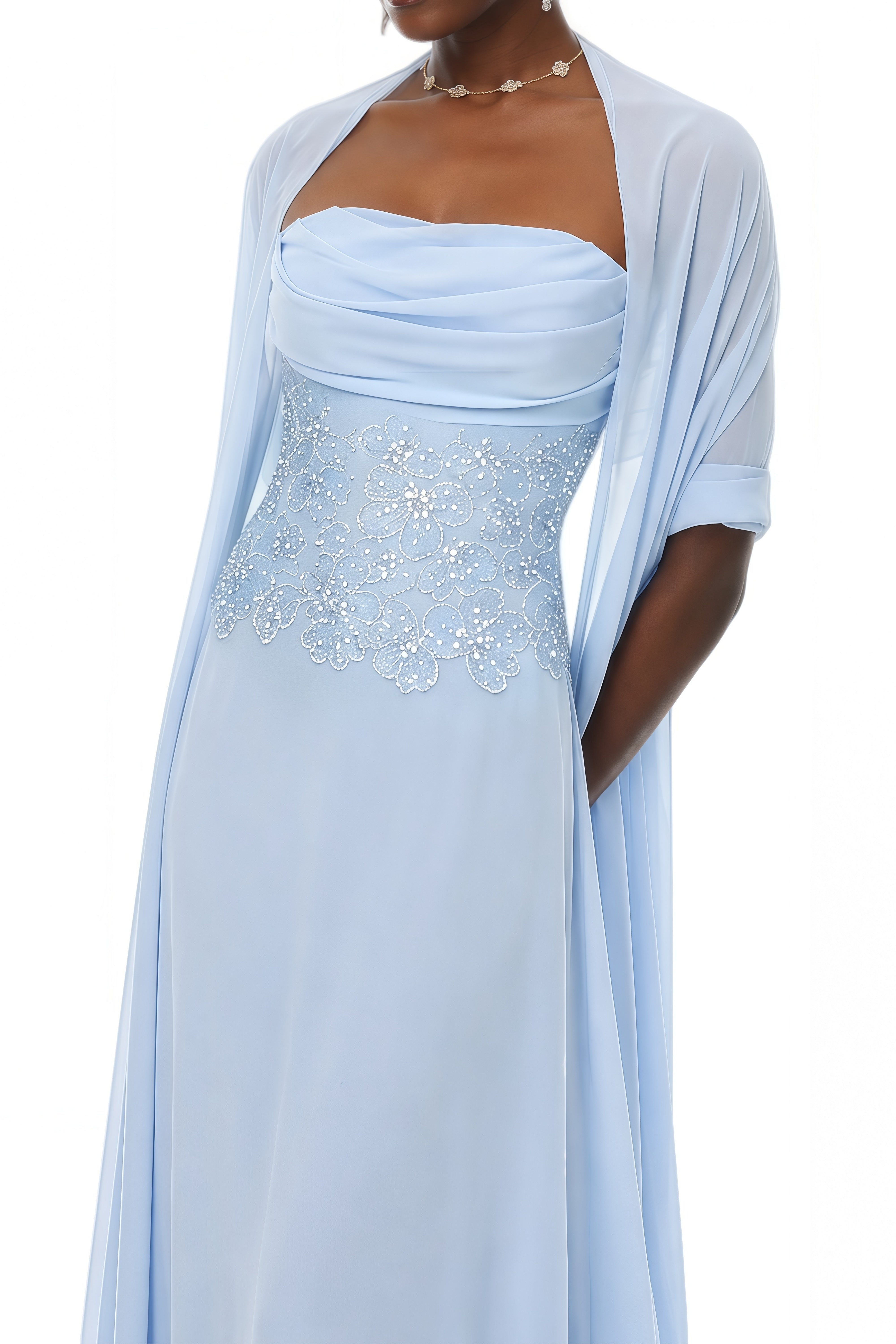 Caroline Blue Cape Design Sequined Maxi Dress