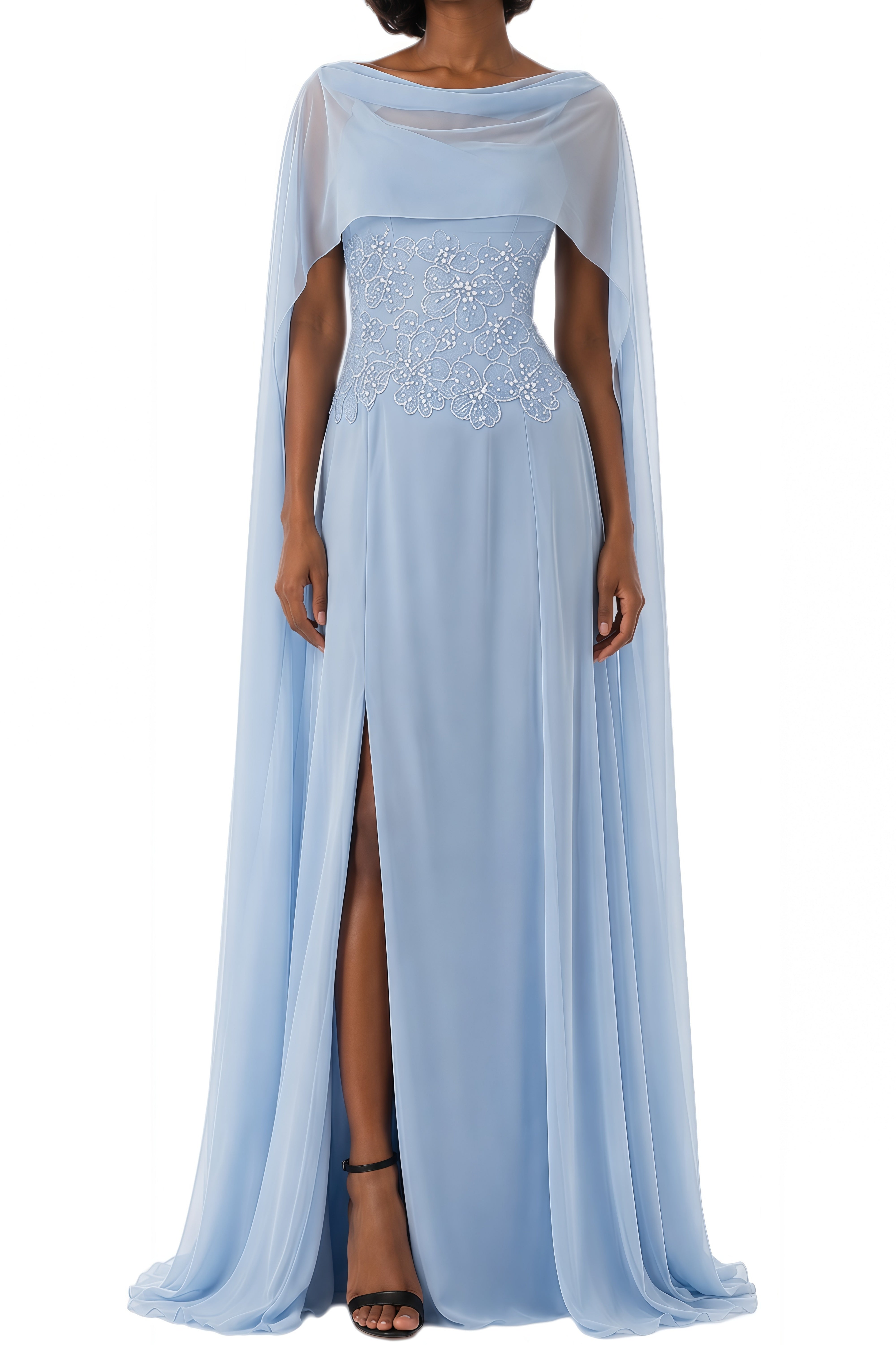Caroline Blue Cape Design Sequined Maxi Dress