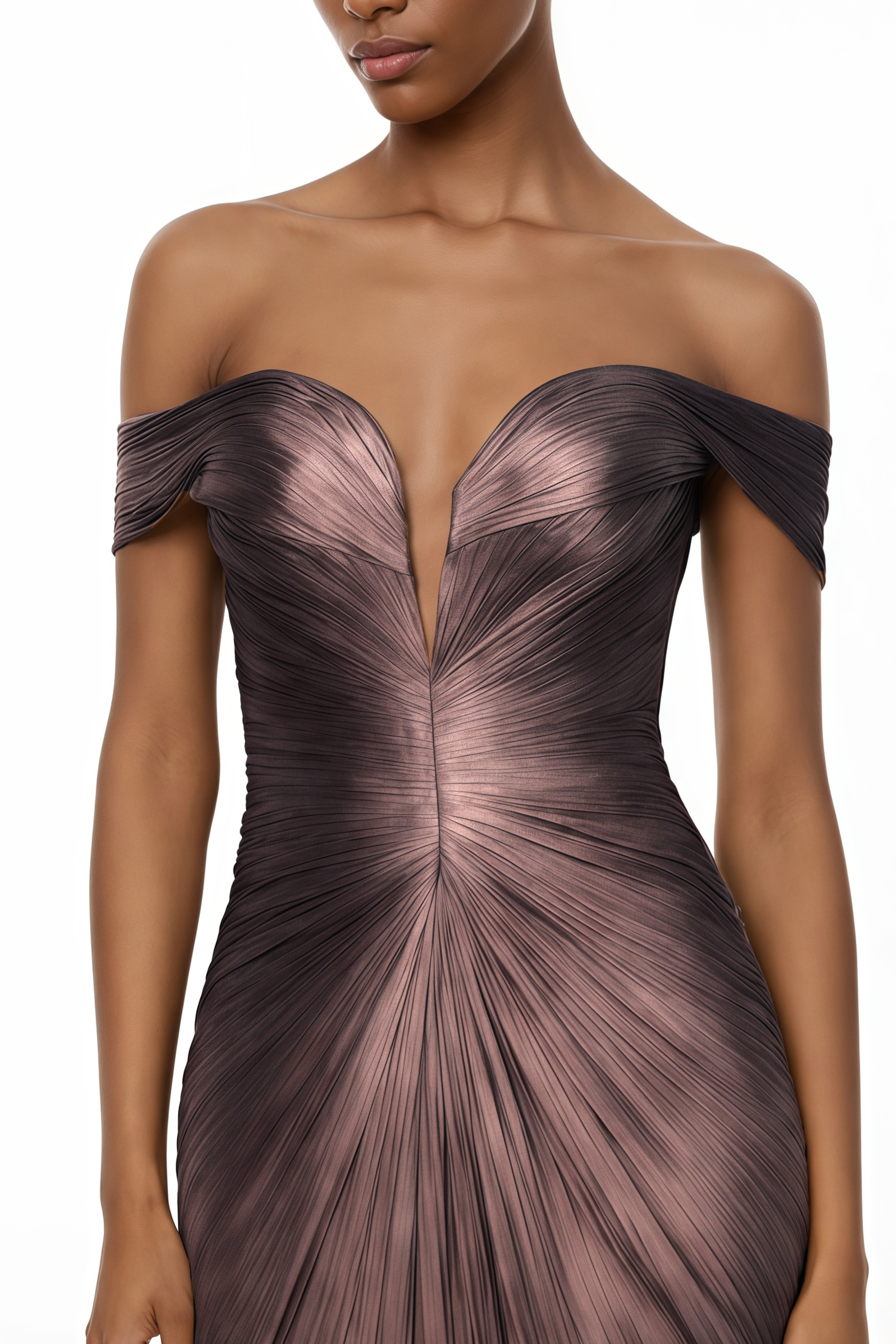 Constance Bronze Gold Off Shoulder Pleated Maxi Dress