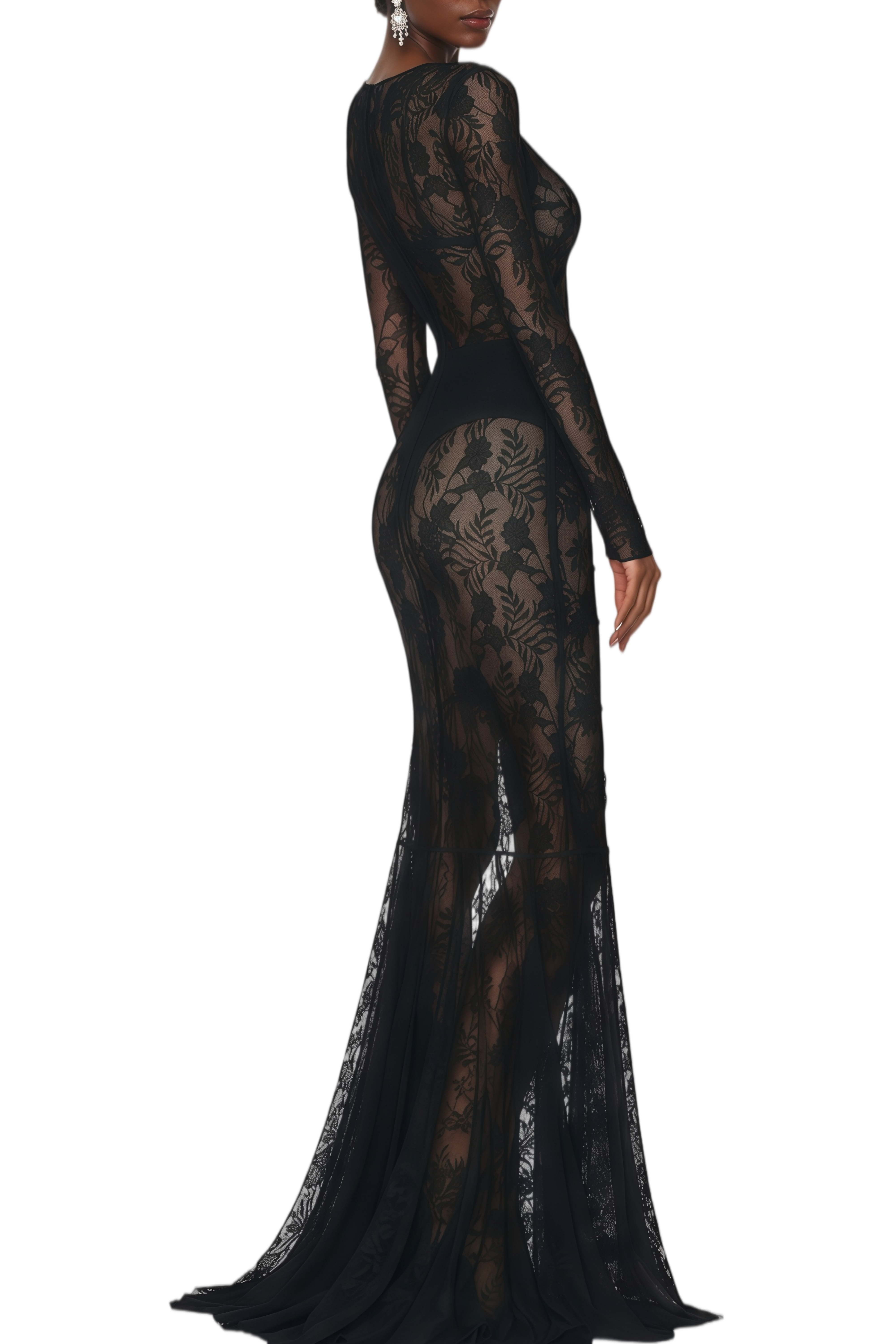 Janice Black Sheer Floral Lace Maxi Dress