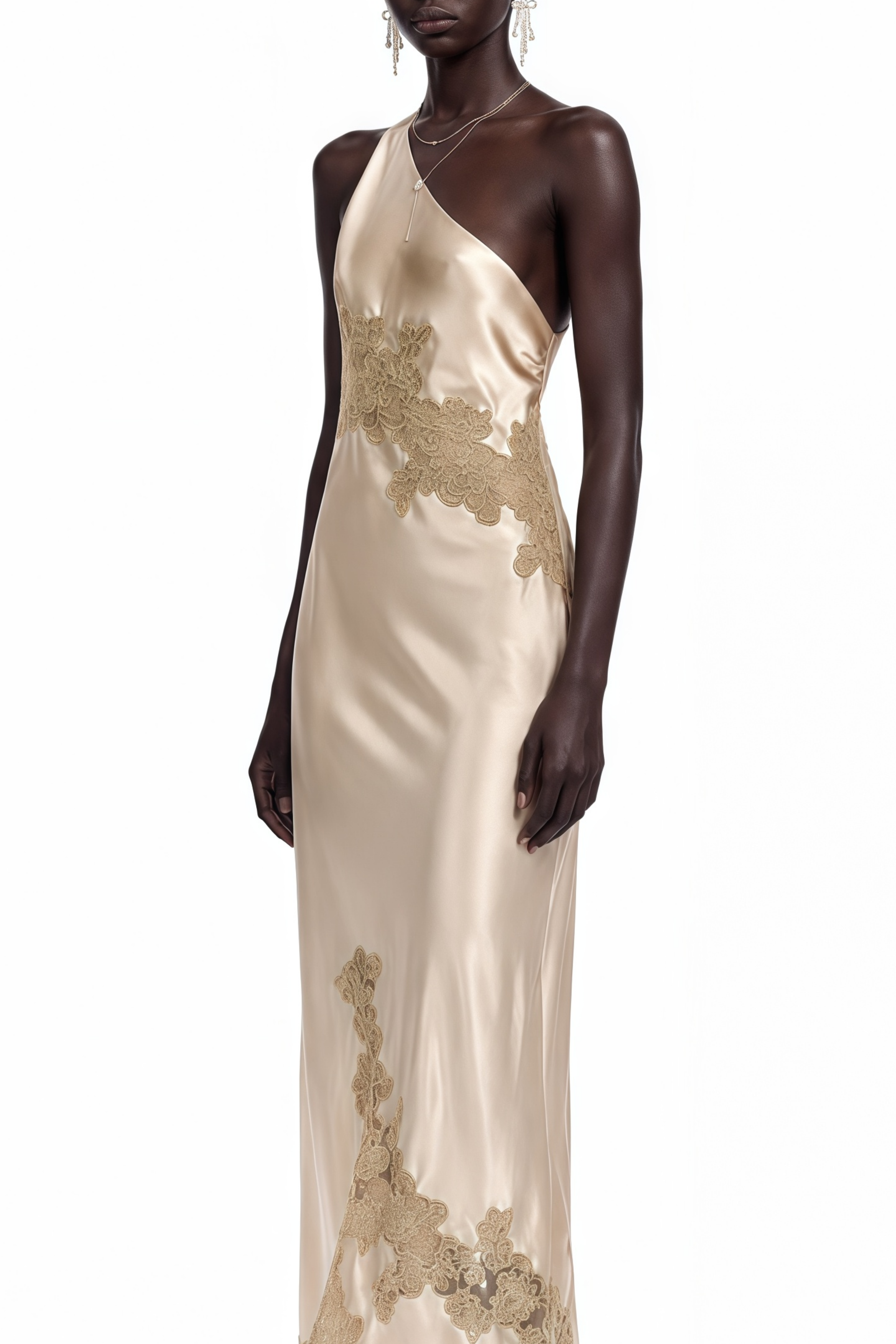 Della Champagne Lace Asymmetrical Midi Dress