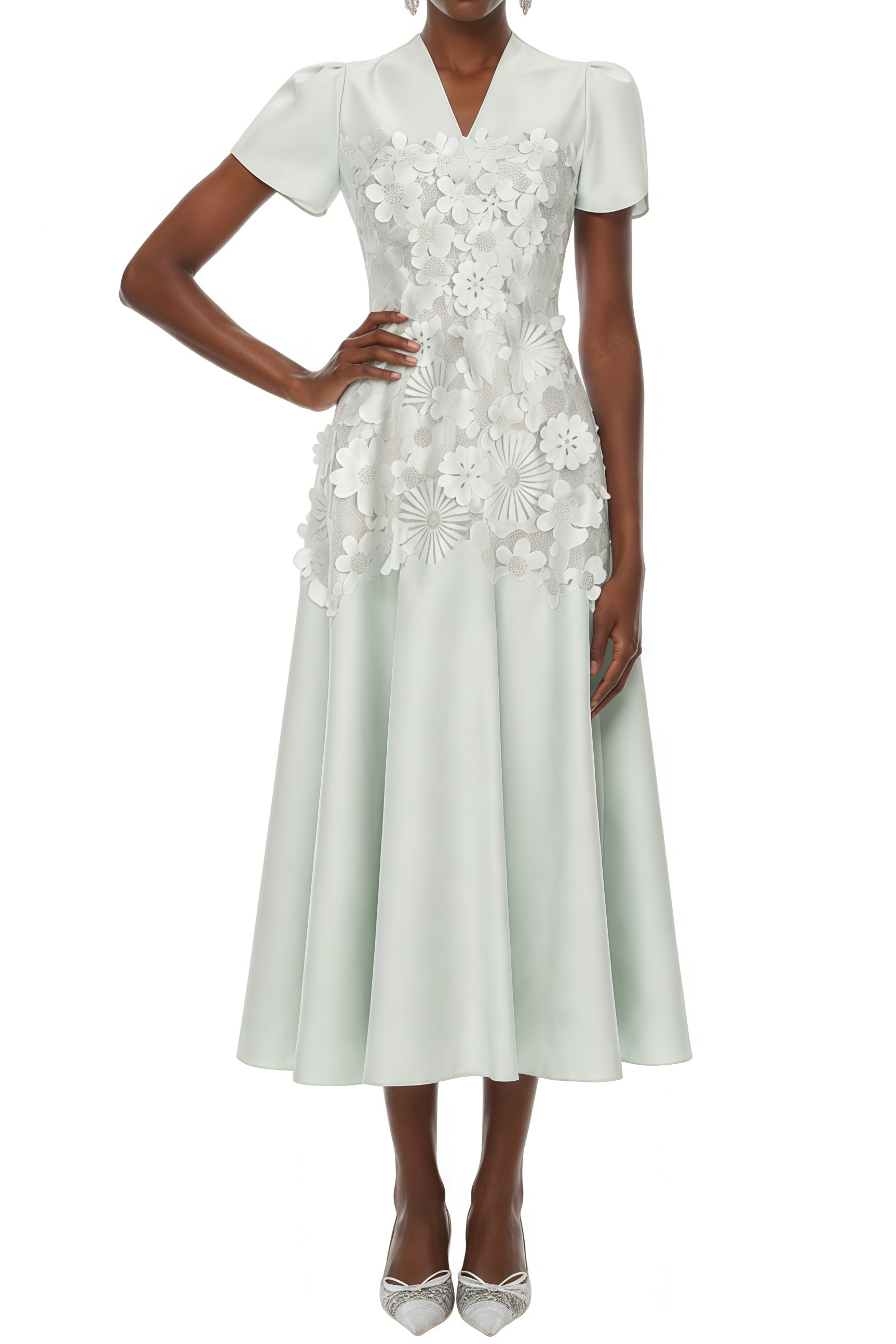 Elaine Mint Green 3D Floral Appliqué Pleated Midi Dress