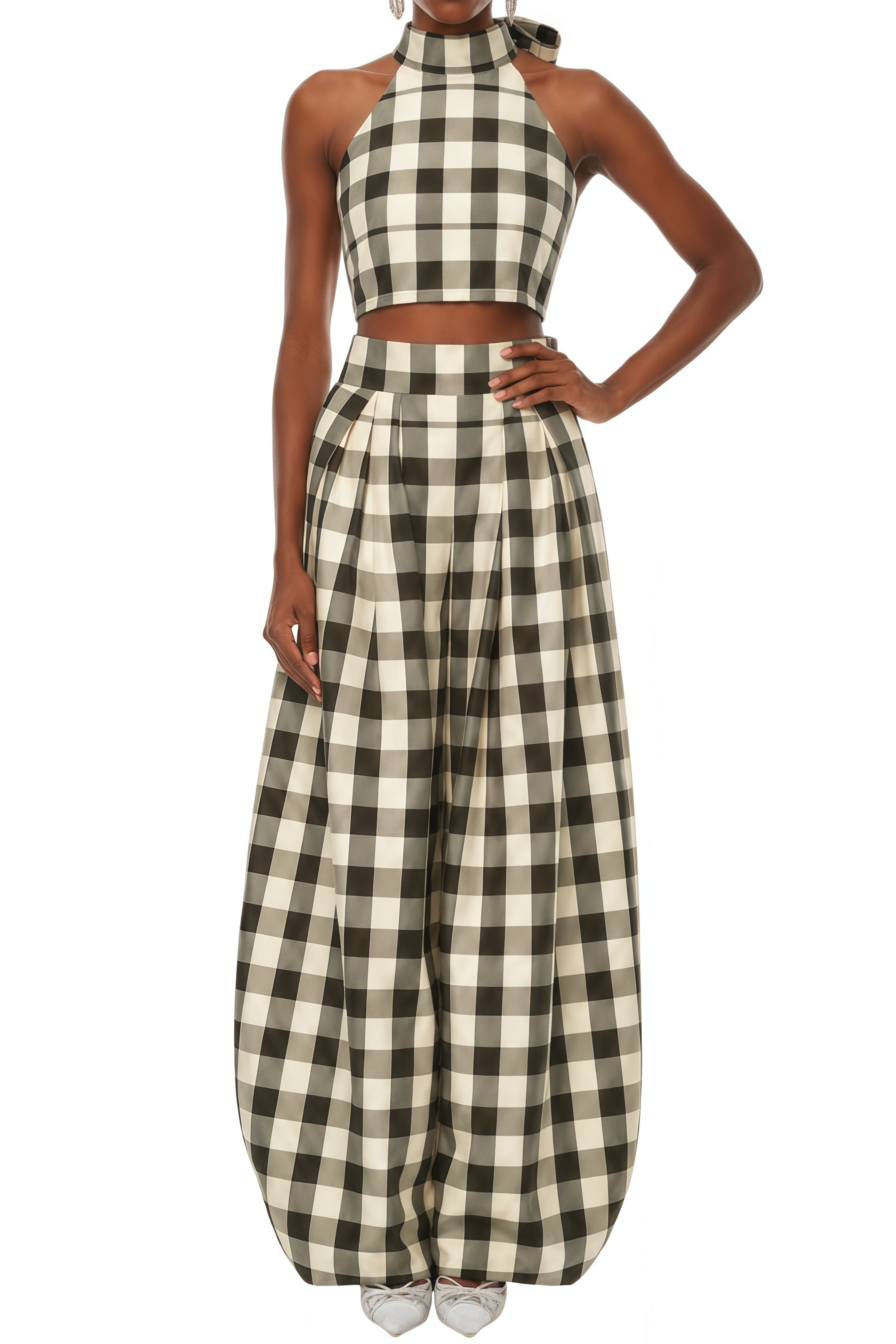 Elvira Brown Gingham Print Top & Trousers Set