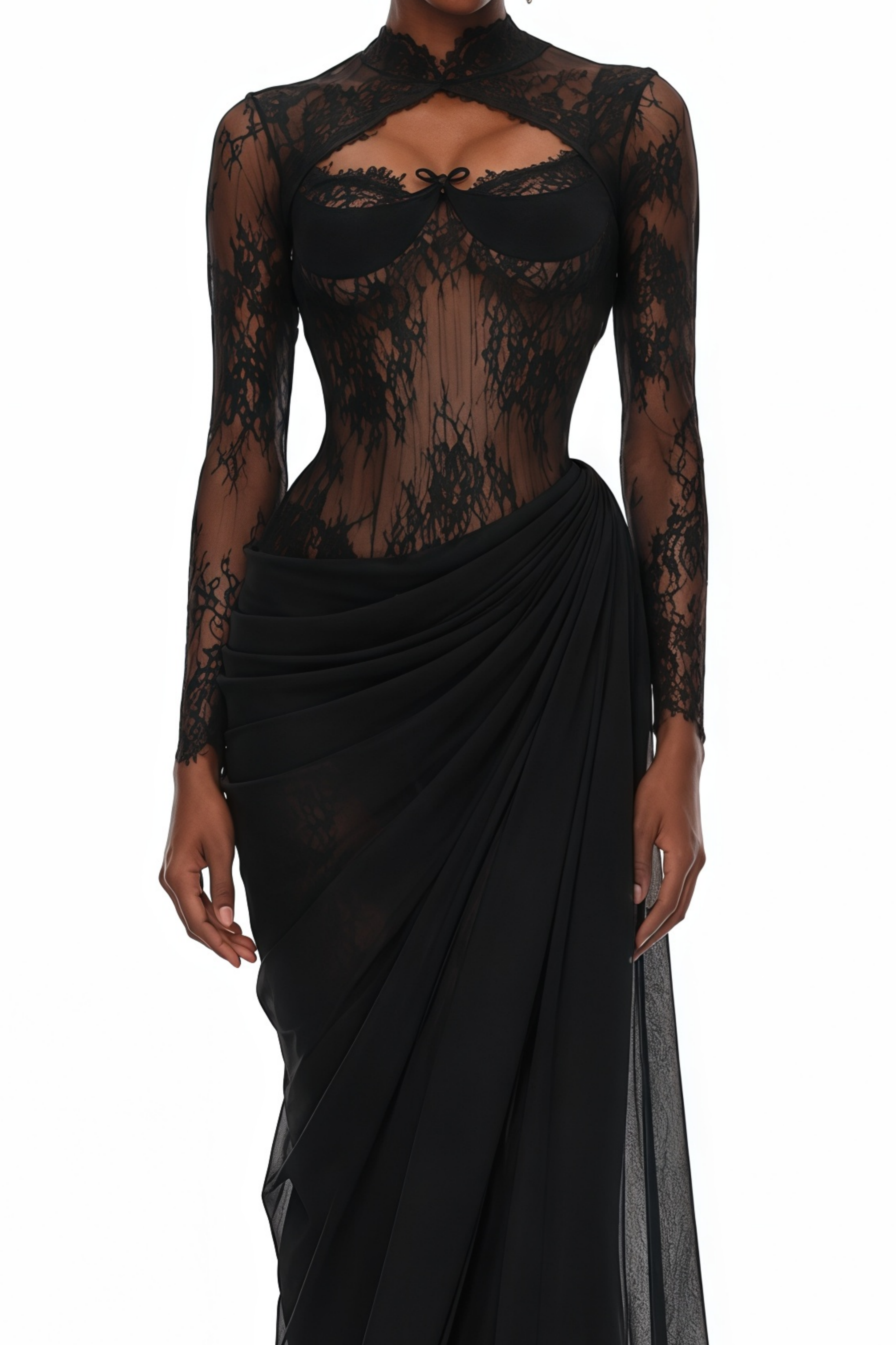 Helena Black Asymmetrical Mesh Maxi Dress