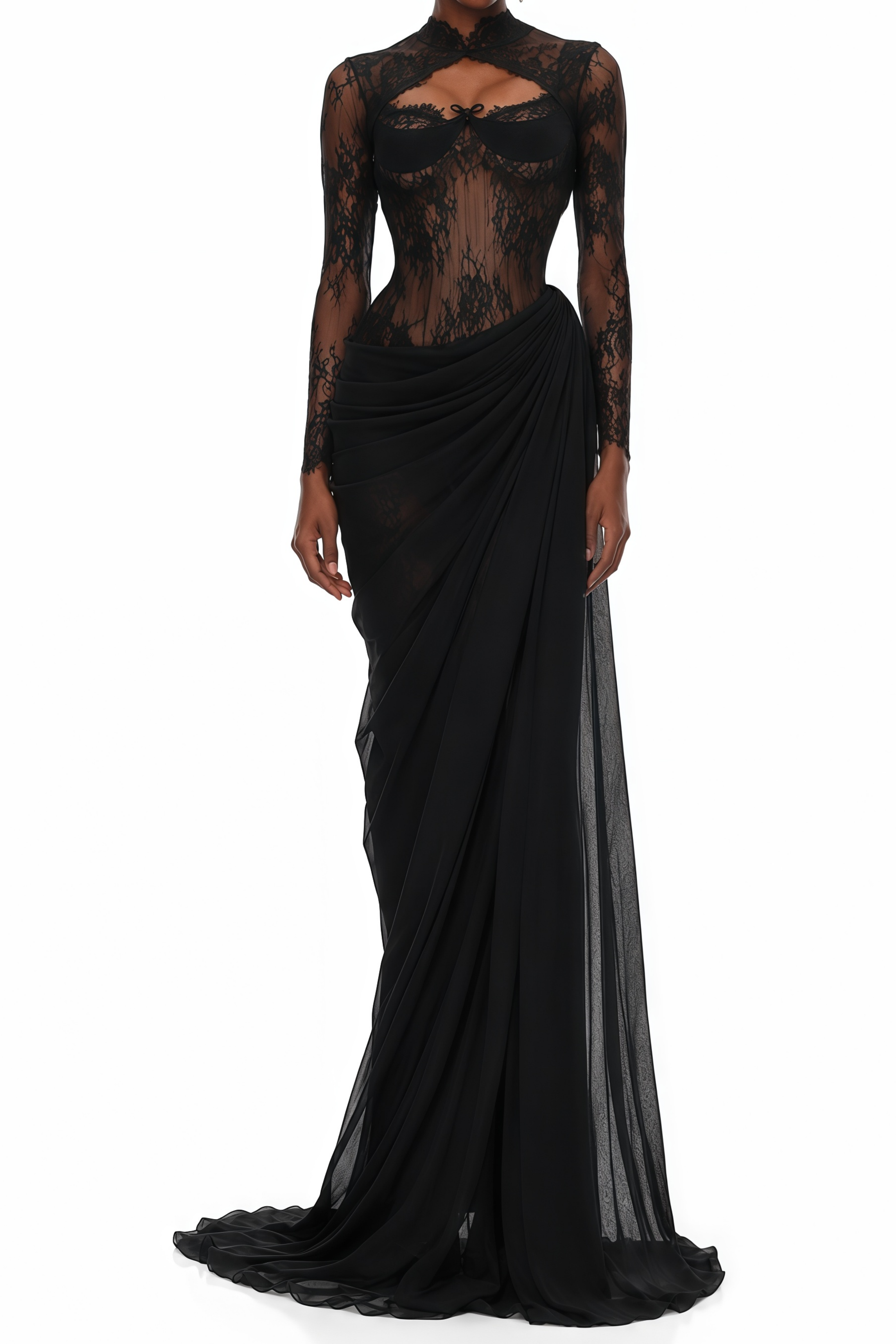 Helena Black Asymmetrical Mesh Maxi Dress