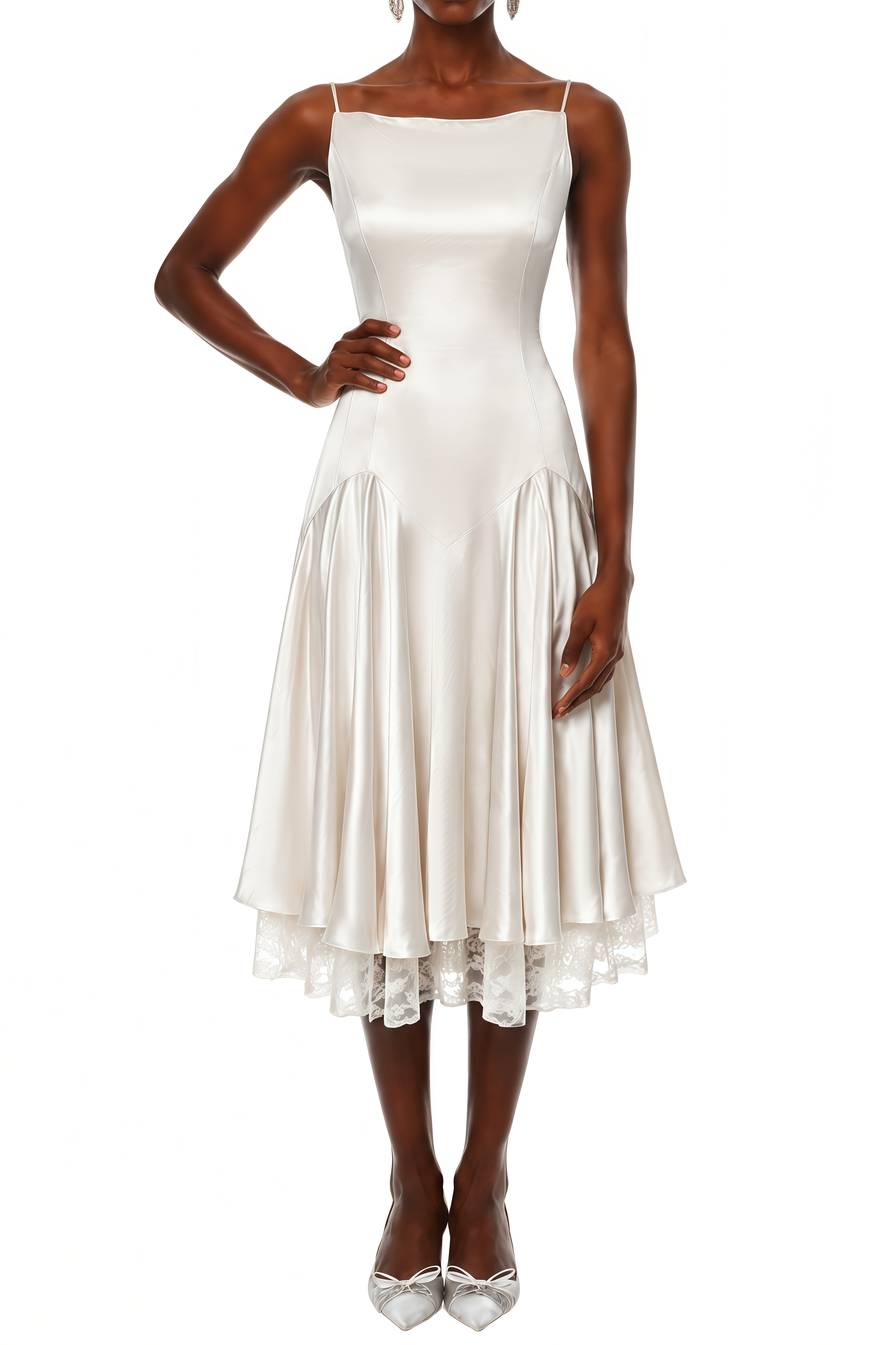Luna Cream White Lace Panel Pleated Midi Dress