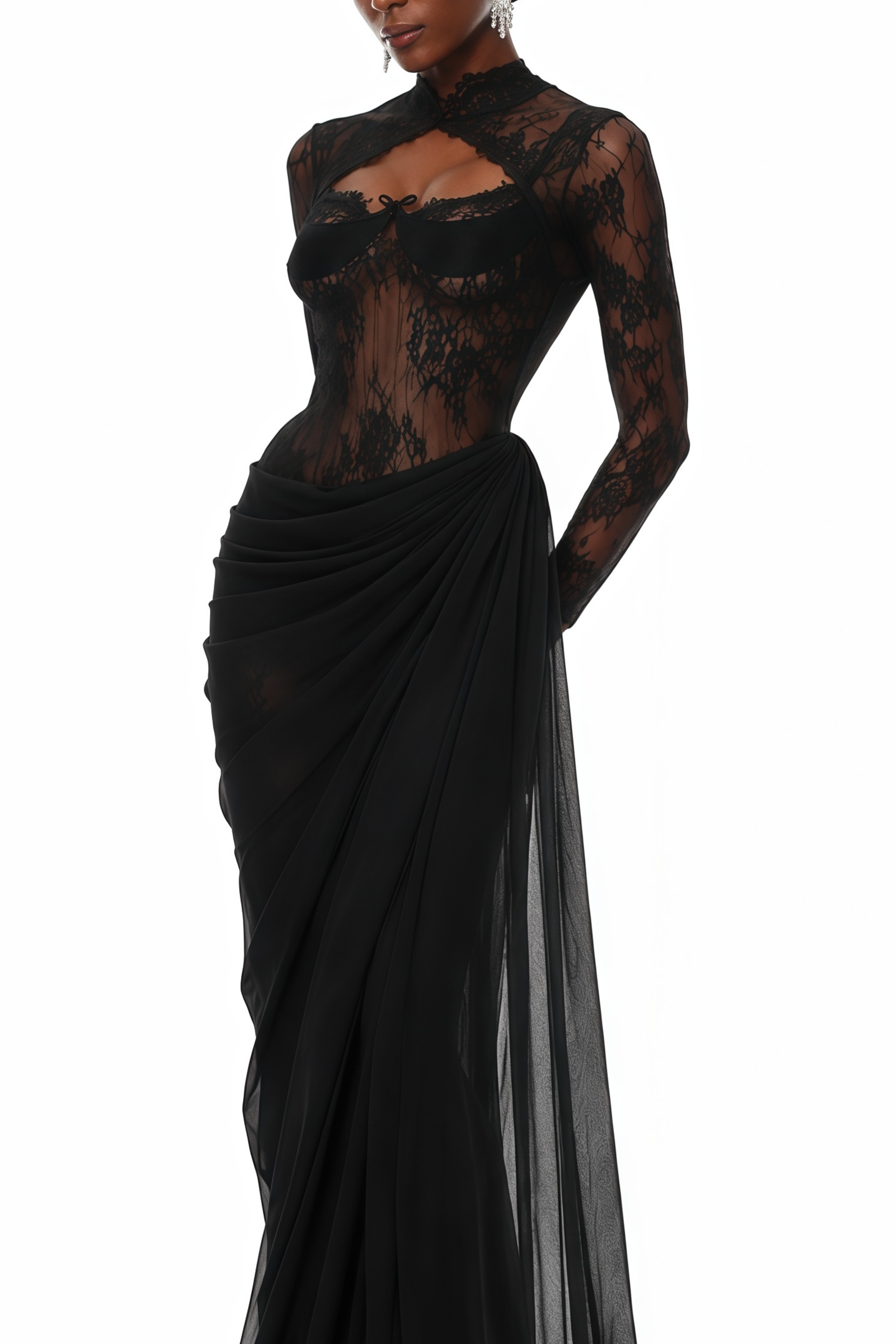 Helena Black Asymmetrical Mesh Maxi Dress