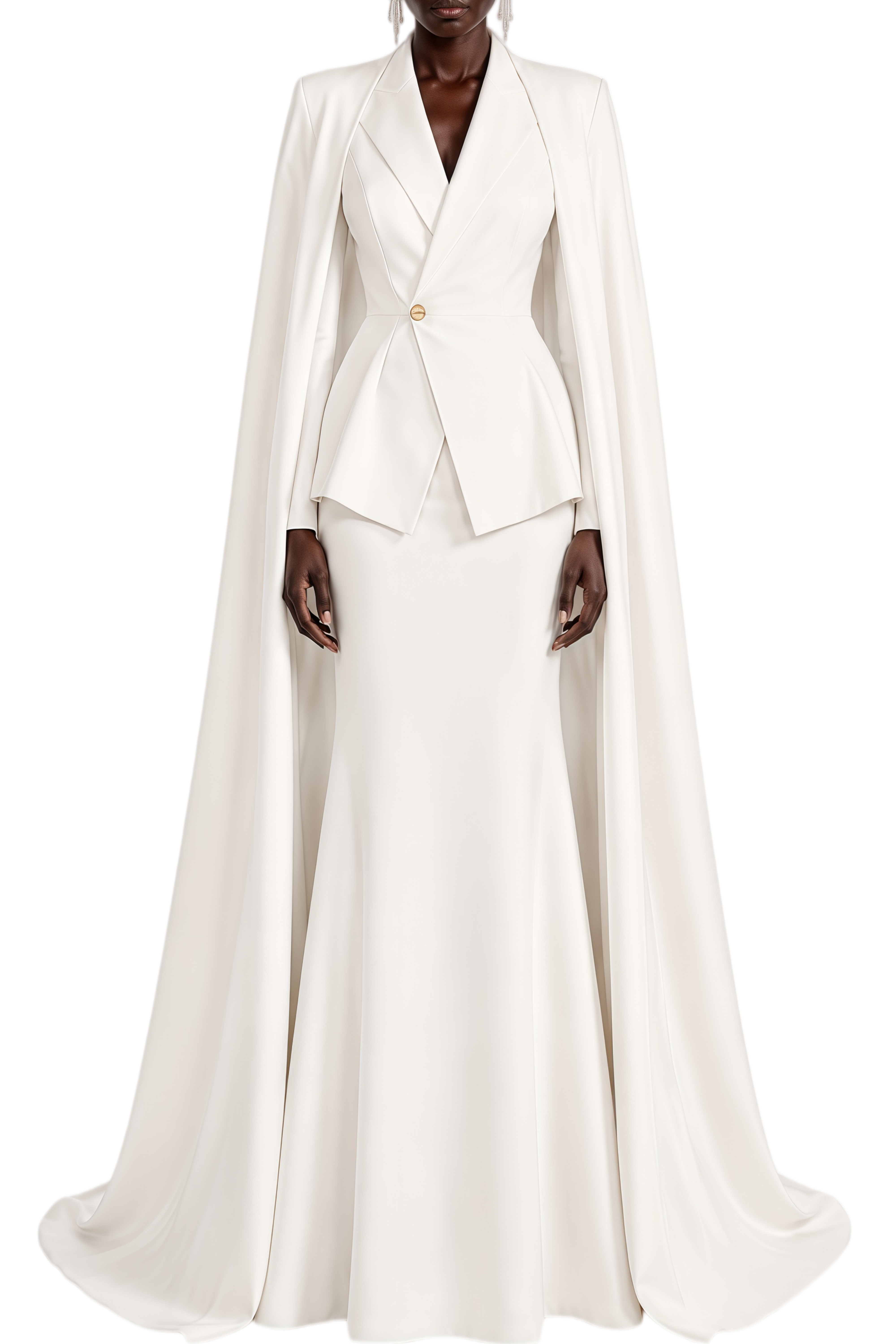 Odette White Draped Cape Design Blazer & Skirt Set