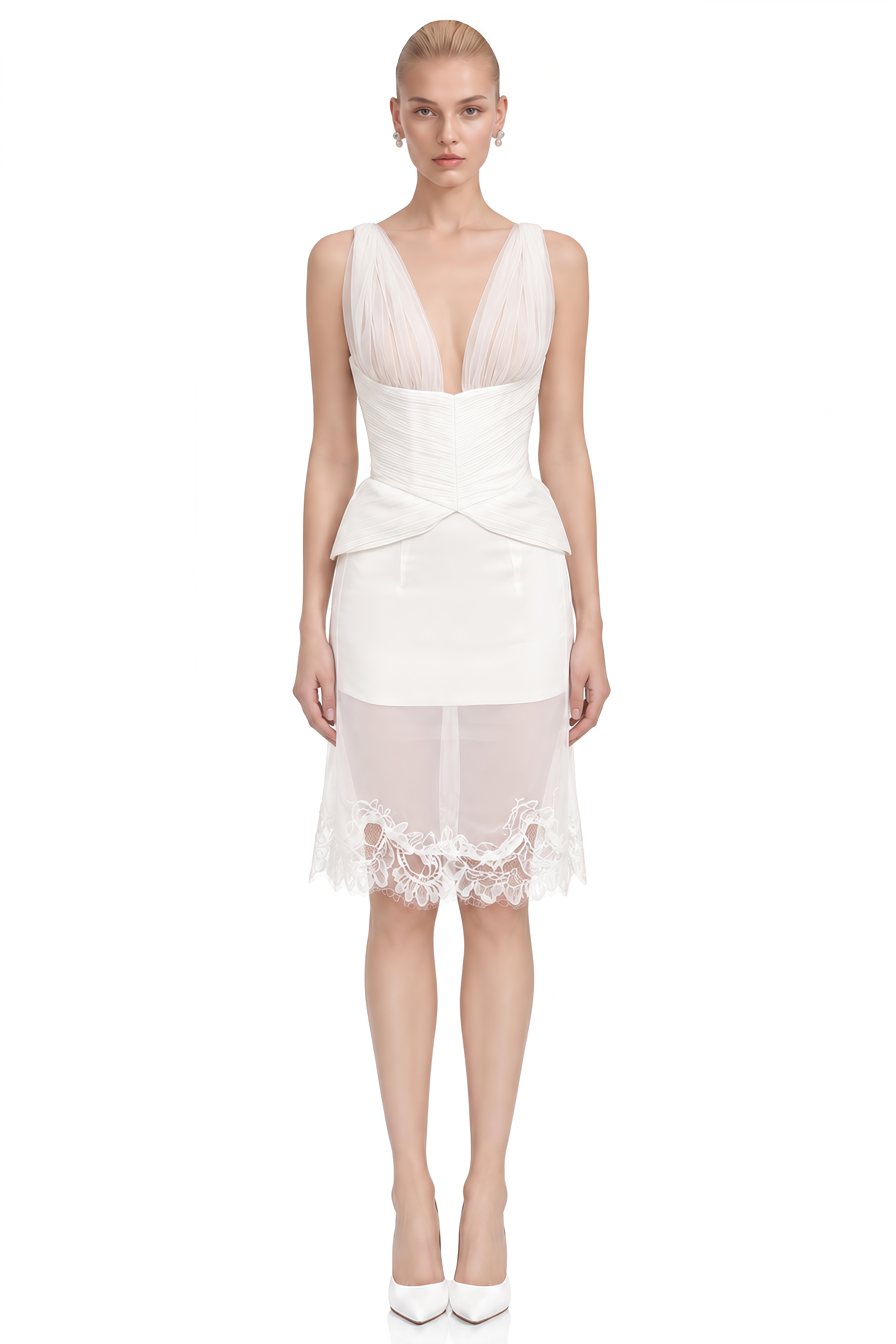 Clarisse White Sleeveless Lace-Hem Top & Skirt Set