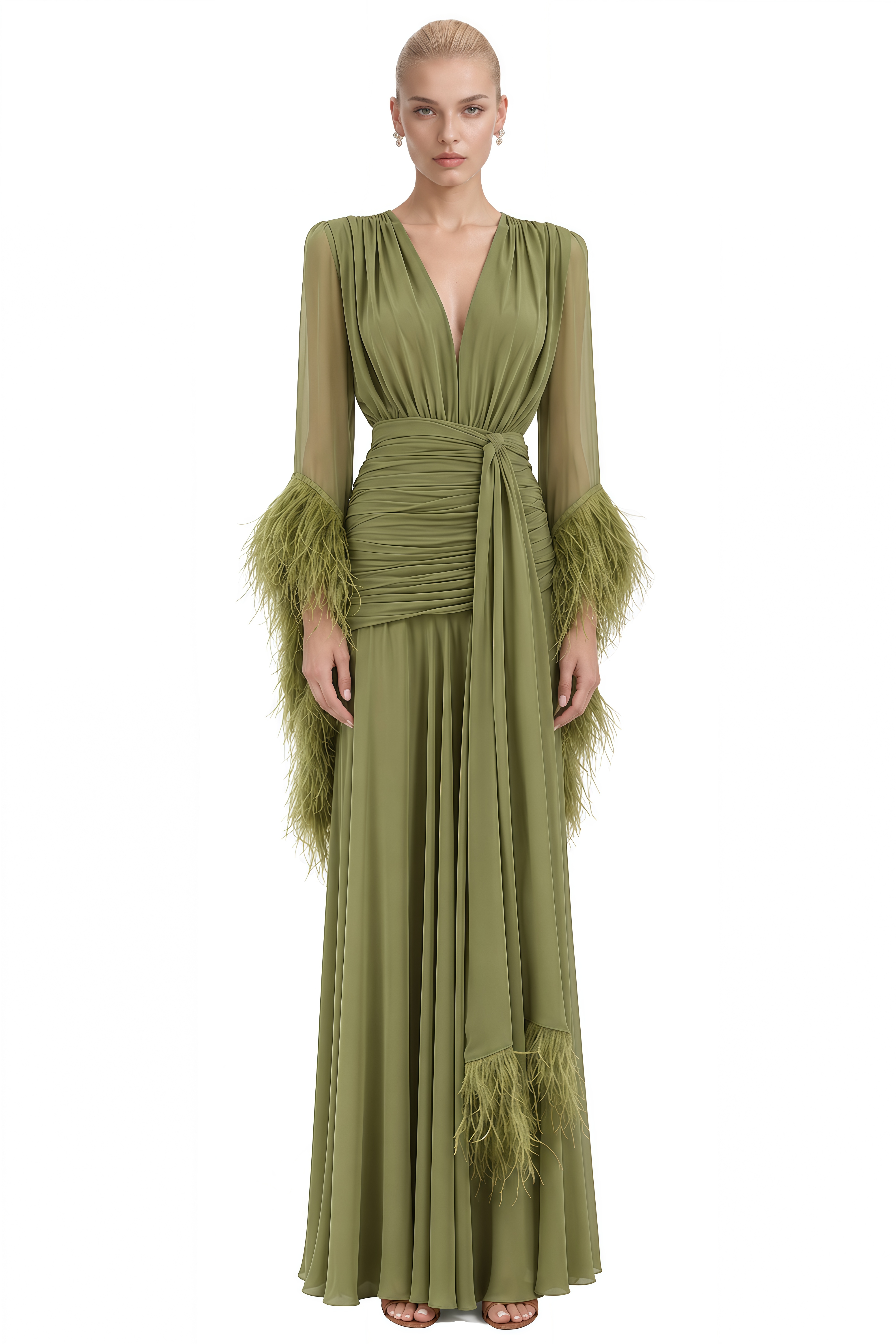 Cecilia Olive Green V-Neck Feather-Trim Maxi Dress