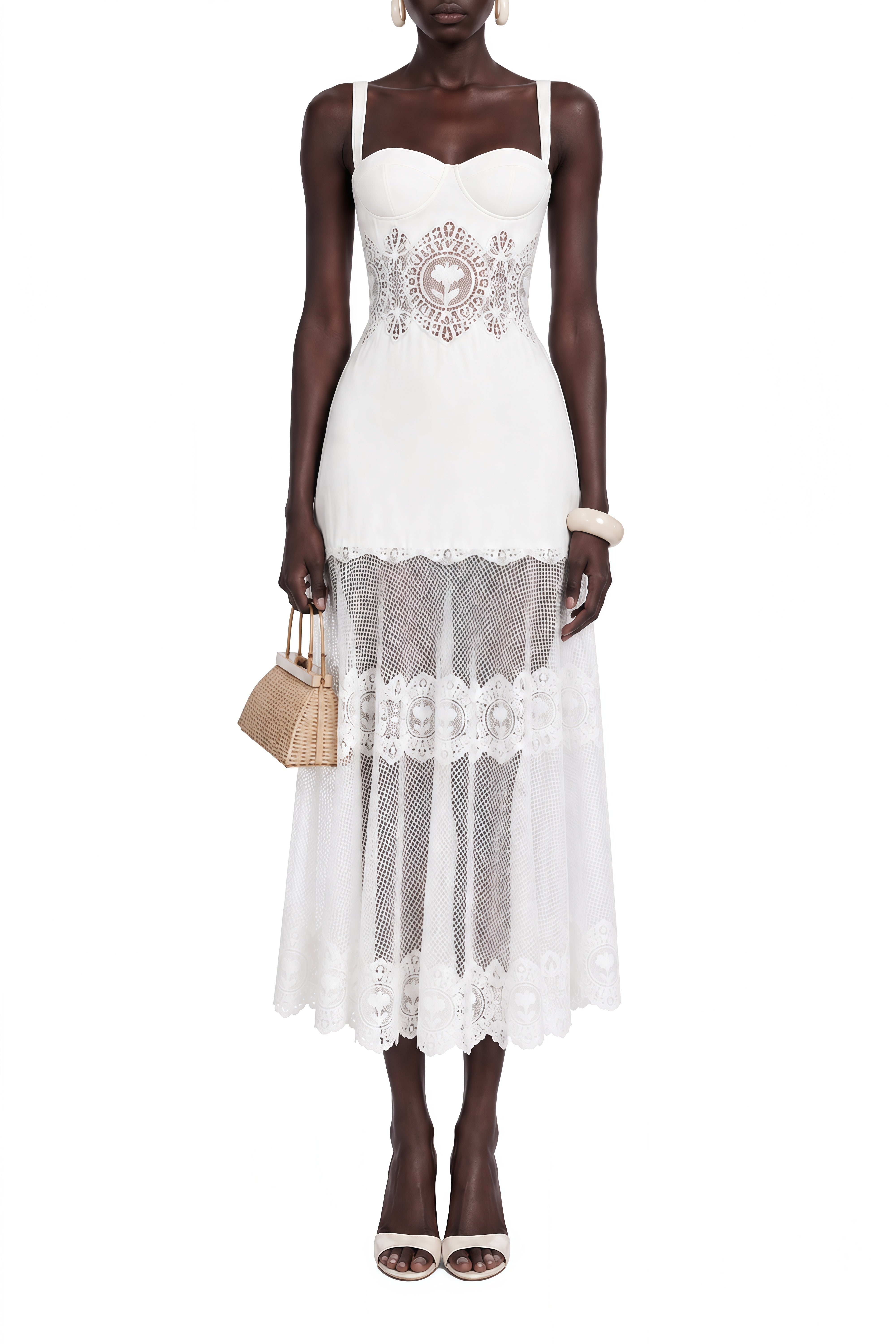 Theodora White Sleeveless Floral Cut-Out Midi Dress