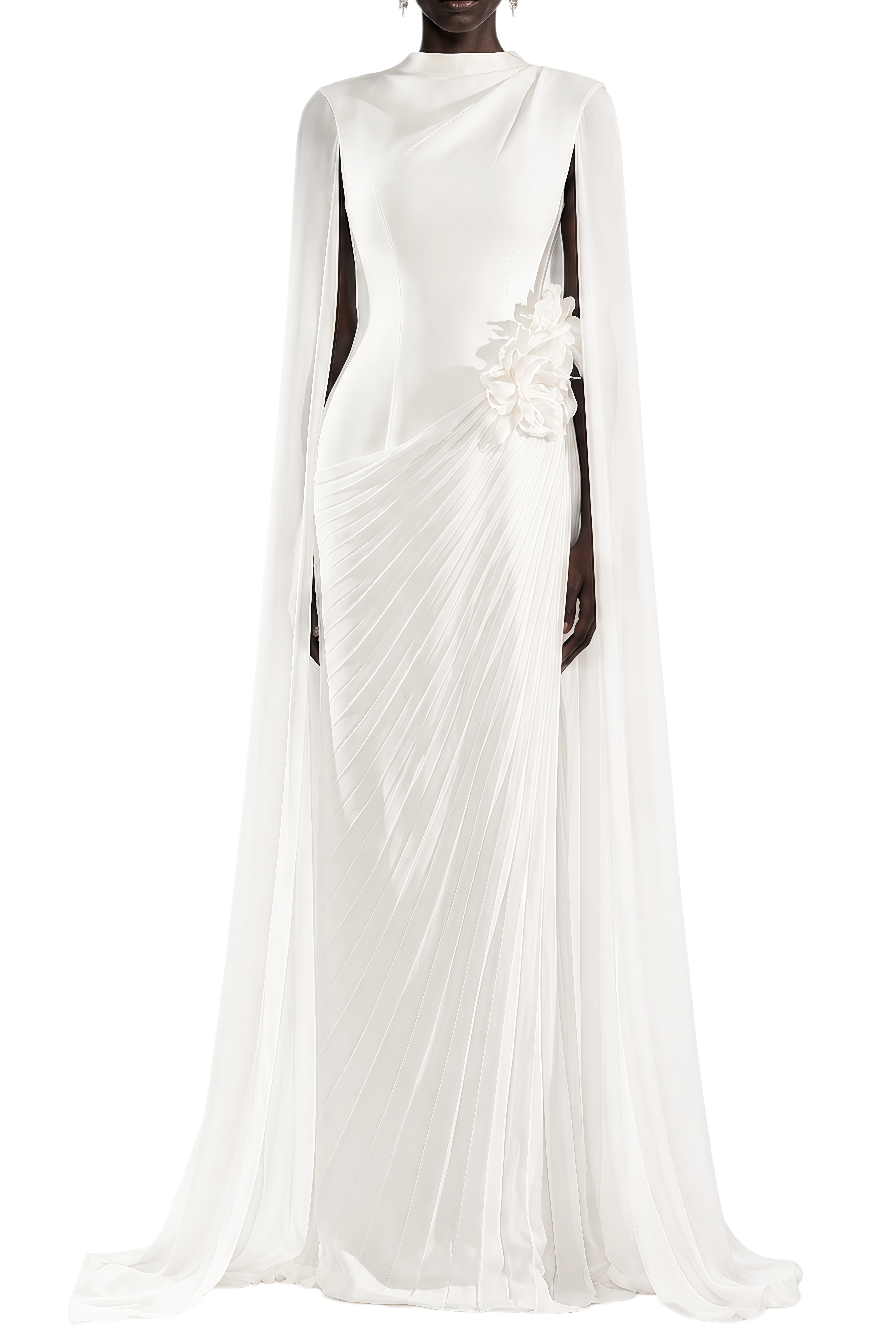 Odette White 3D Floral Appliqué Cape Design Maxi Dress