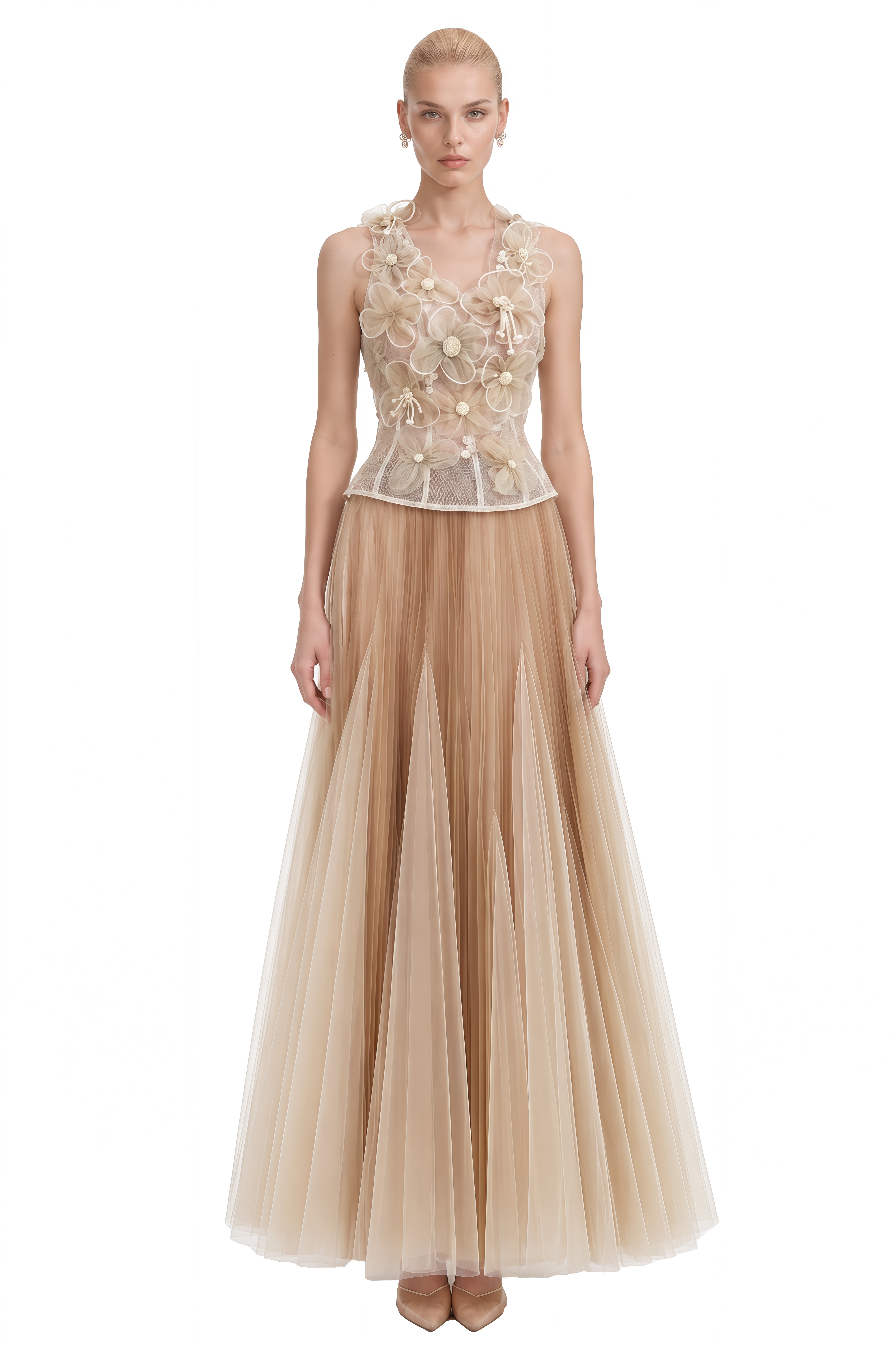 Alice Beige 3D Floral Pleated Top & Skirt Set