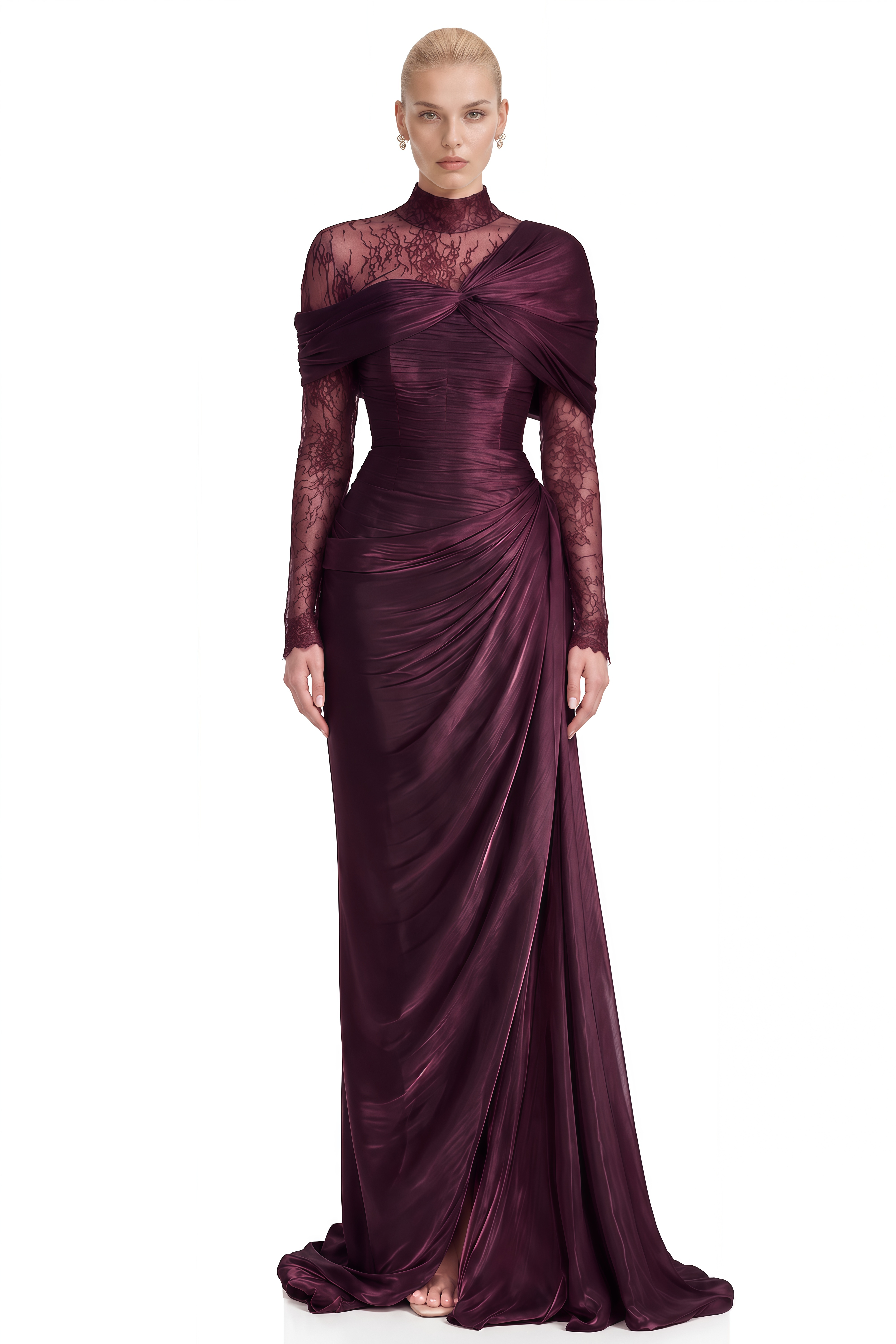 Rose Wine Red Asymmetrical Lace Maxi Dress