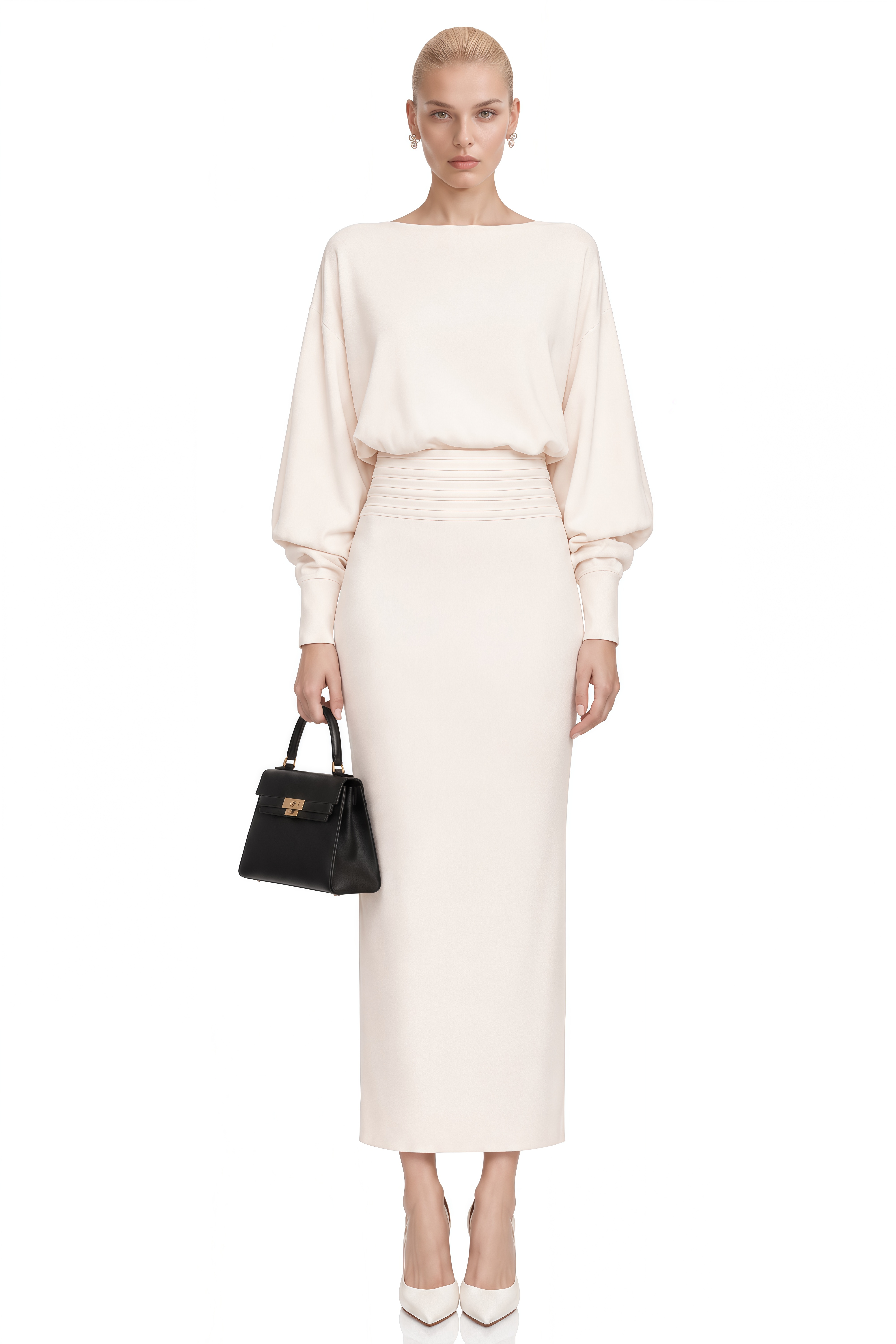 Aria White Long Sleeves Knitted Midi Dress