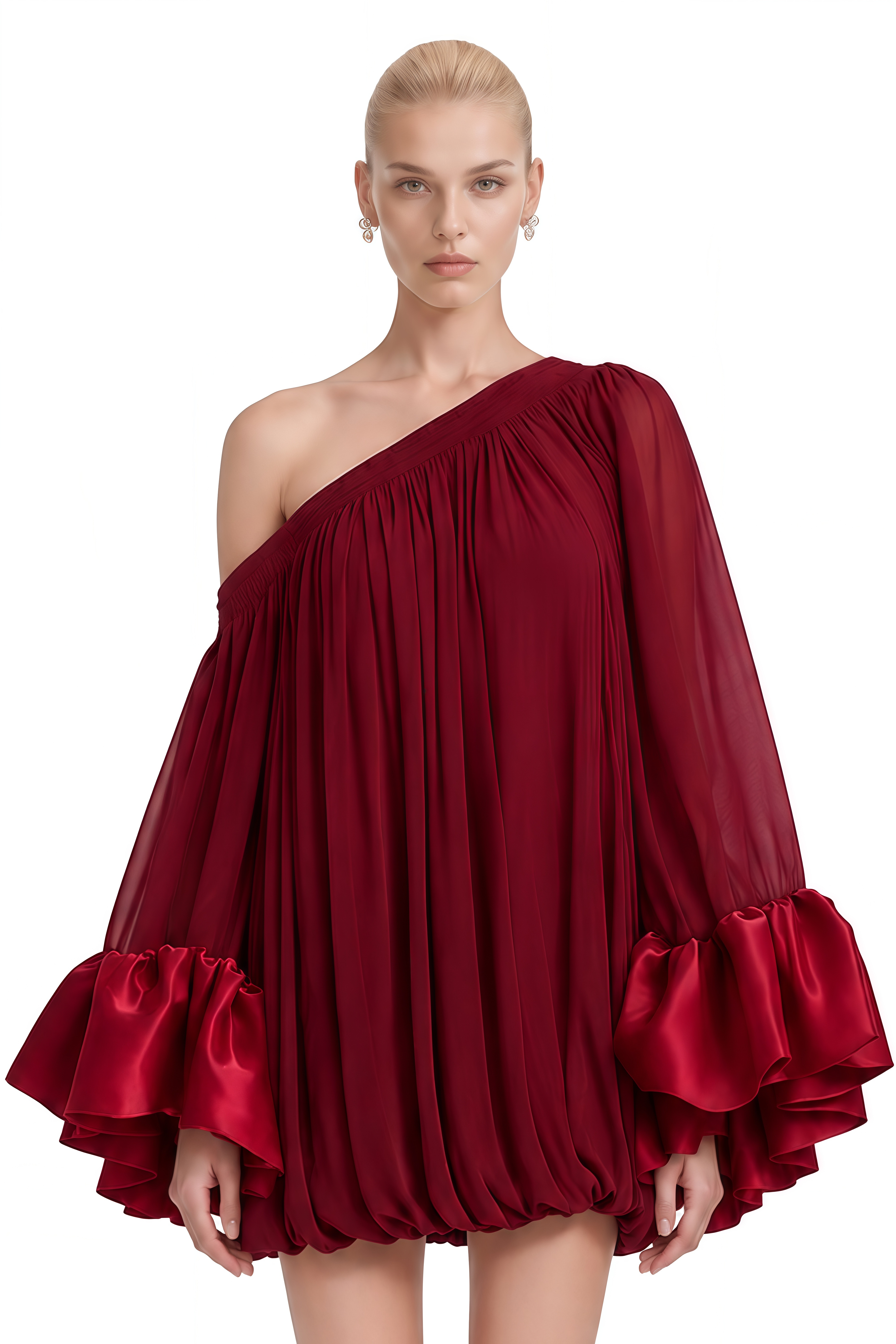 ‌Celeste Burgundy Long Sleeves Bubble-Hem Mini Dress
