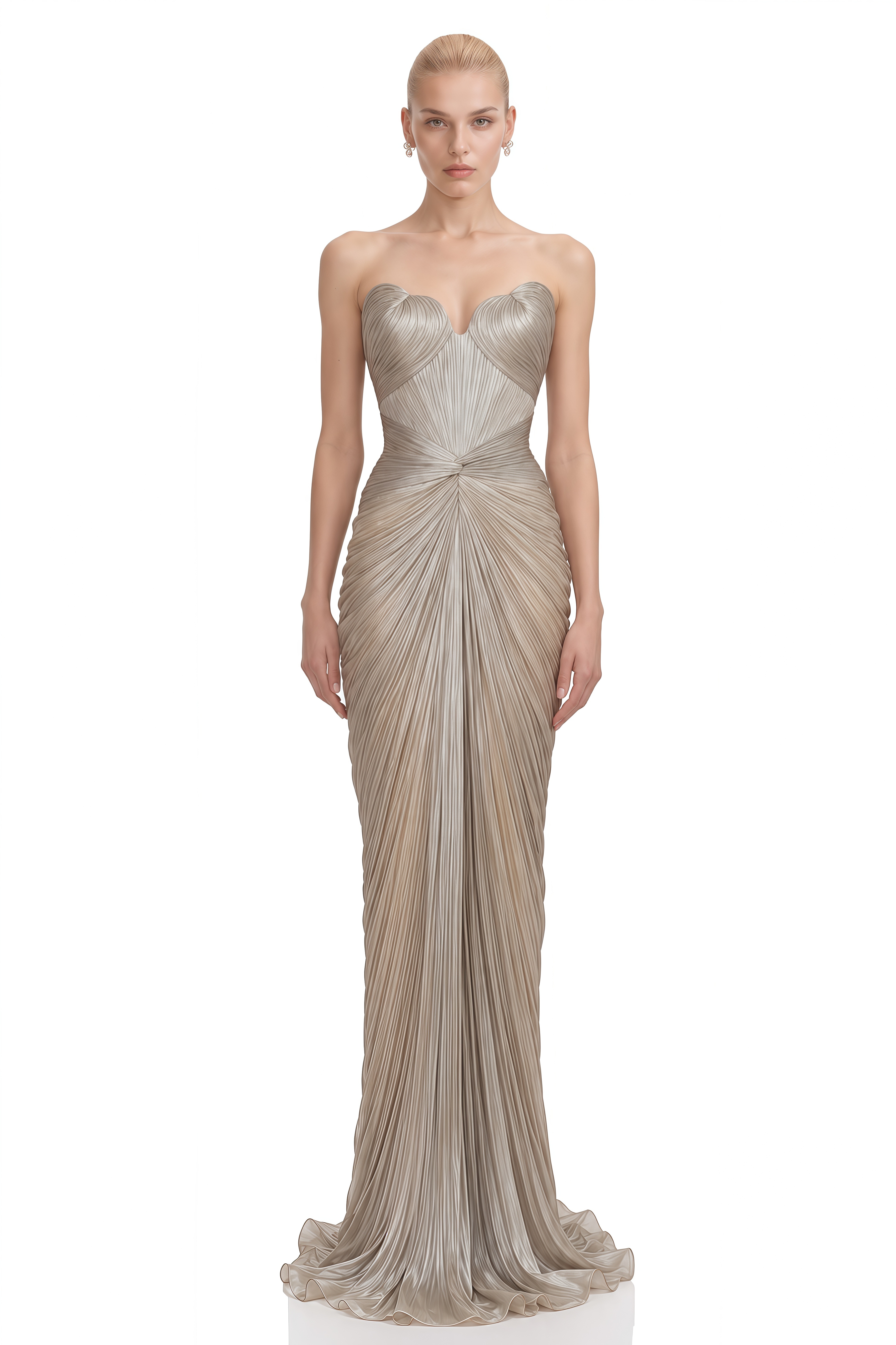 Beatrix Champagne Silver Strapless Slit Maxi Dress