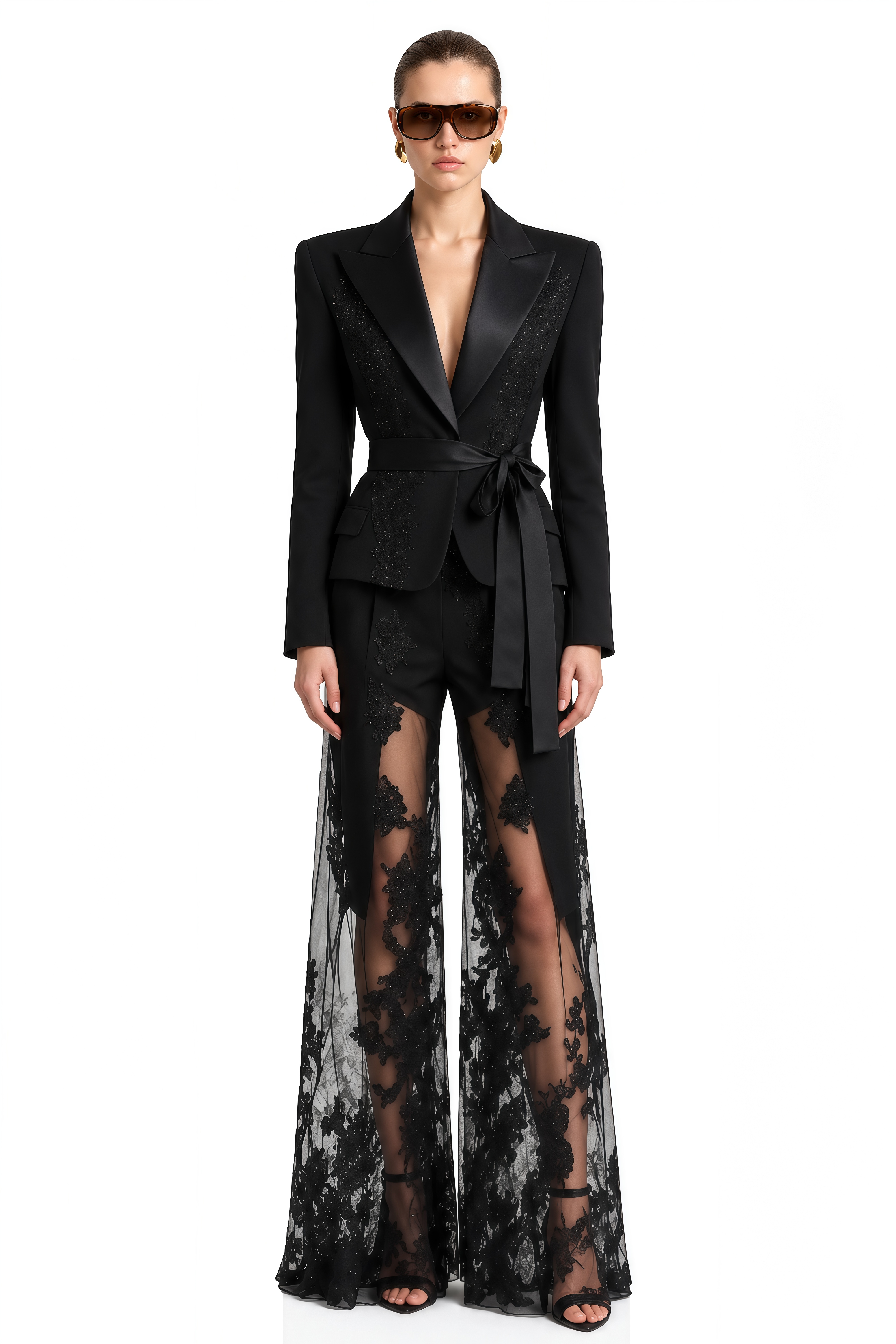Celine Black V-Neck Lace Jacket & Trousers Set