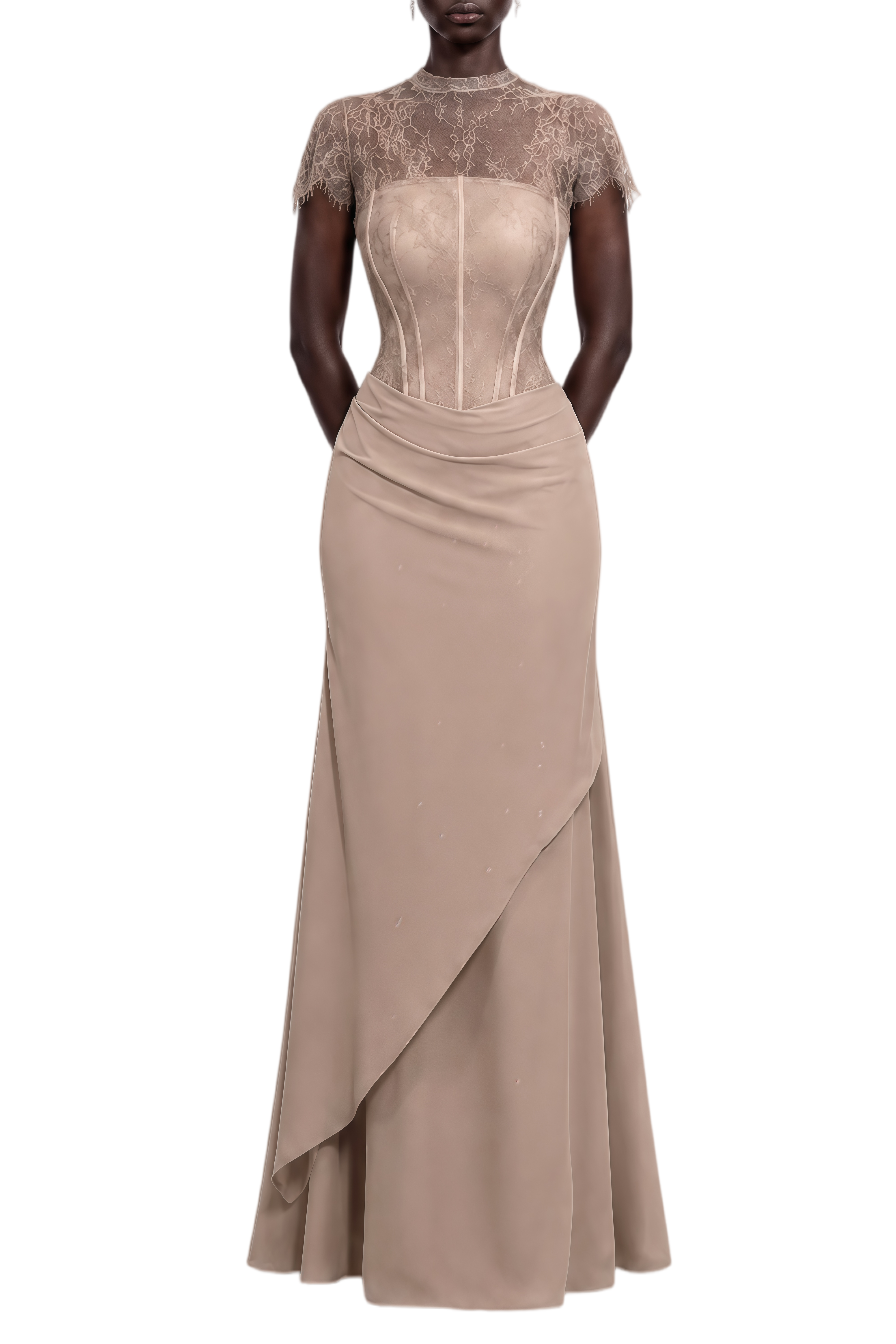Grace Beige Lace Draped Maxi Dress