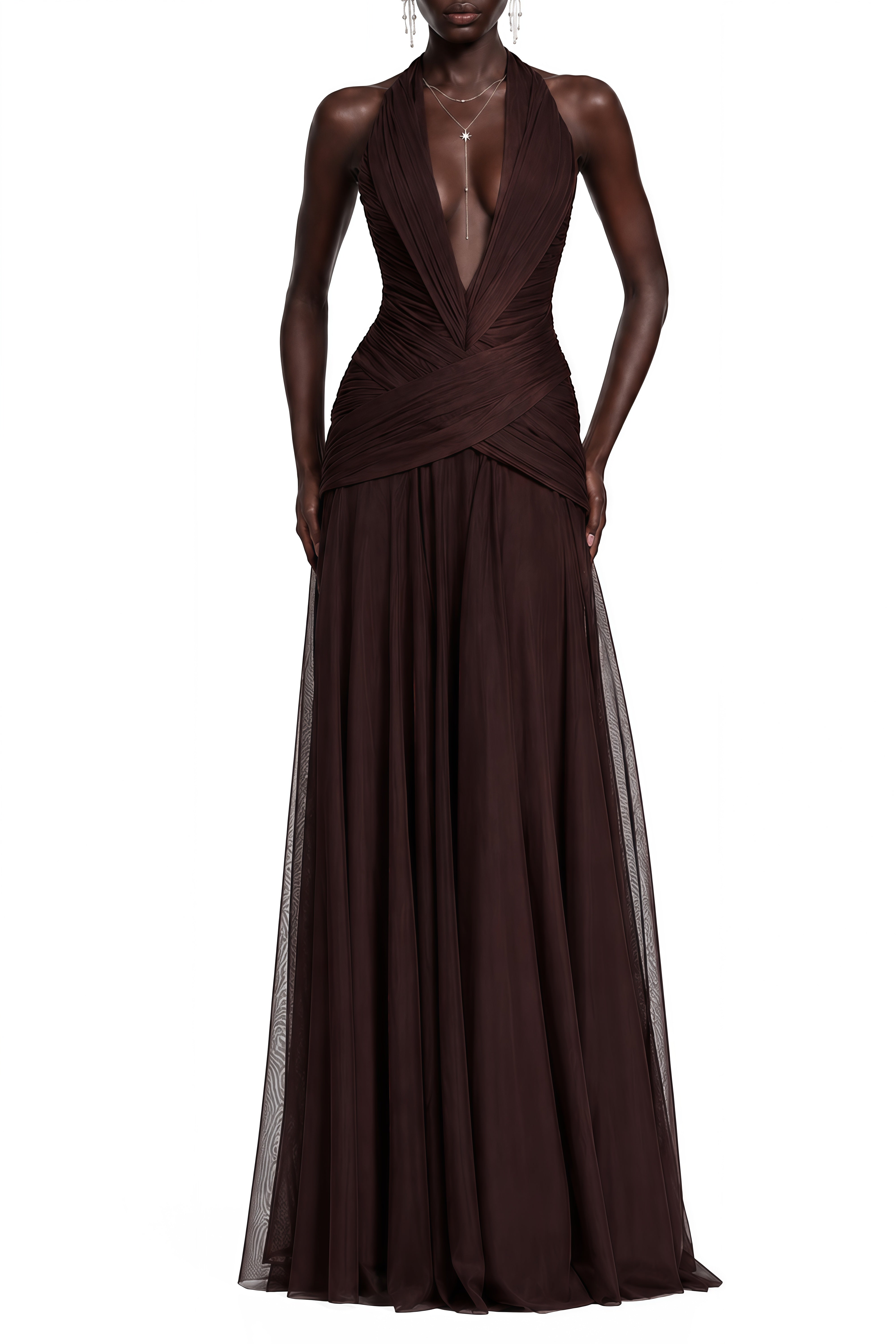 Willow Brown V-Neck Ruched Maxi Dress