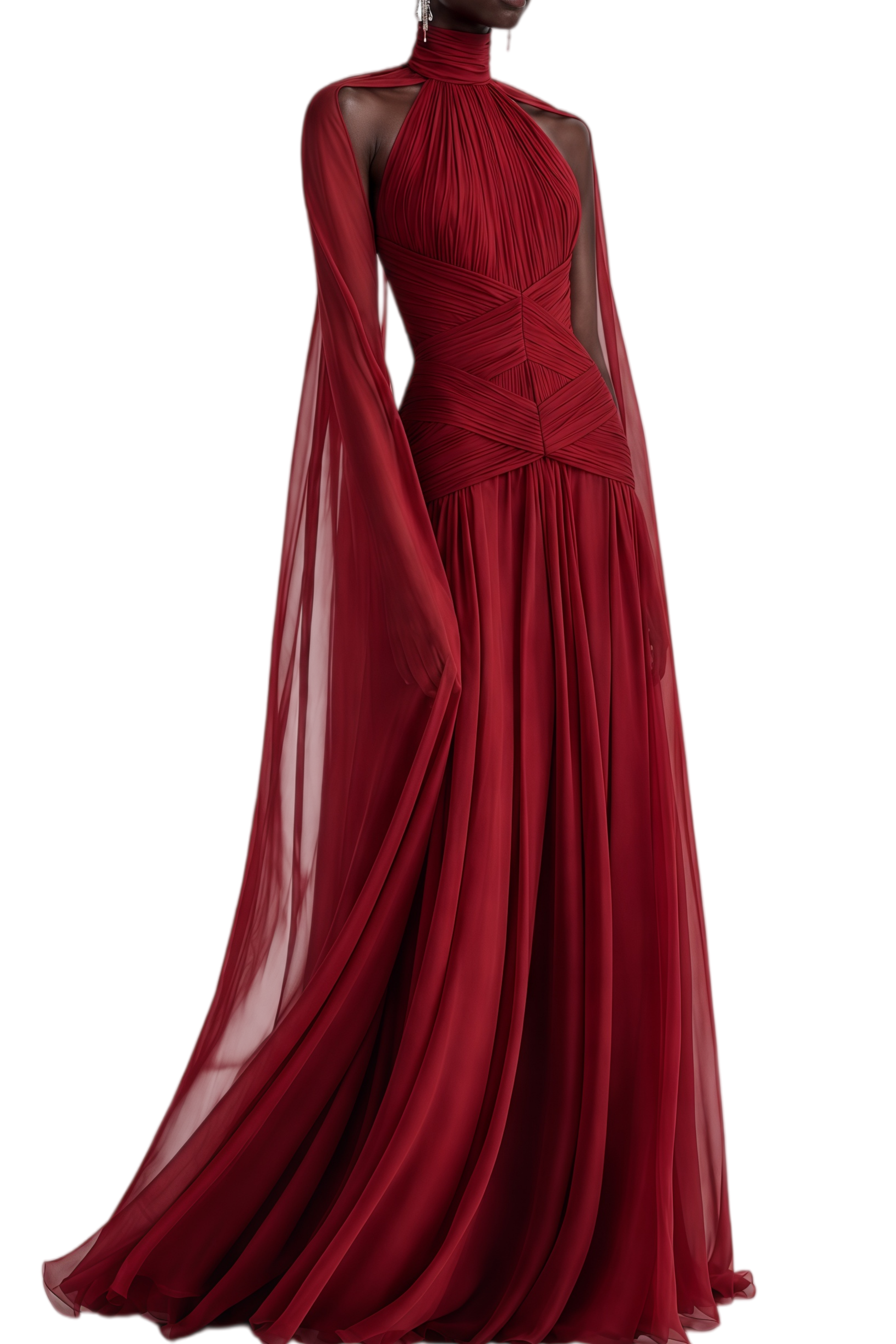 Liora Red Cape Design Ruched Maxi Dress