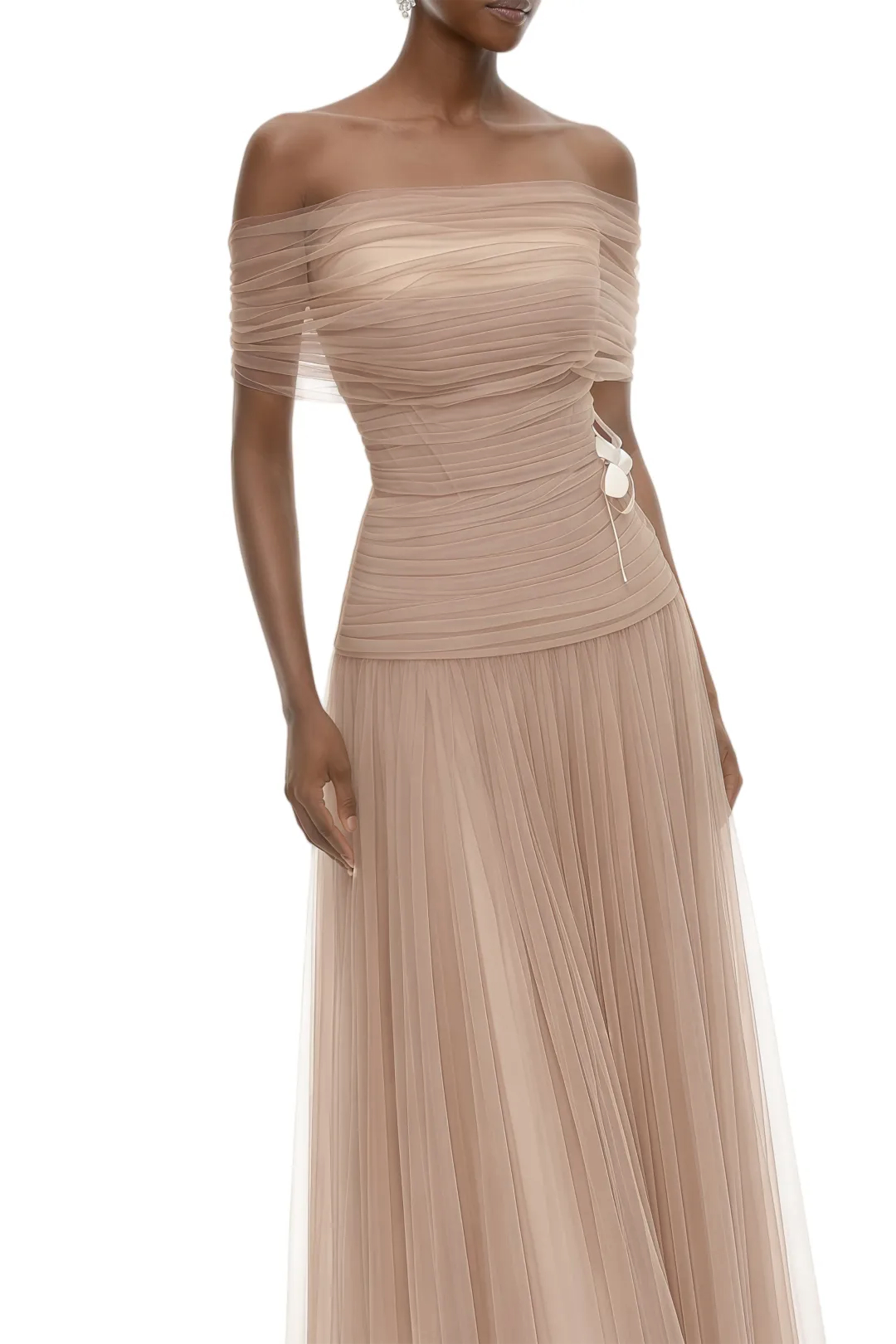 Belle Neutral Off Shoulder Pleated Maxi Dress