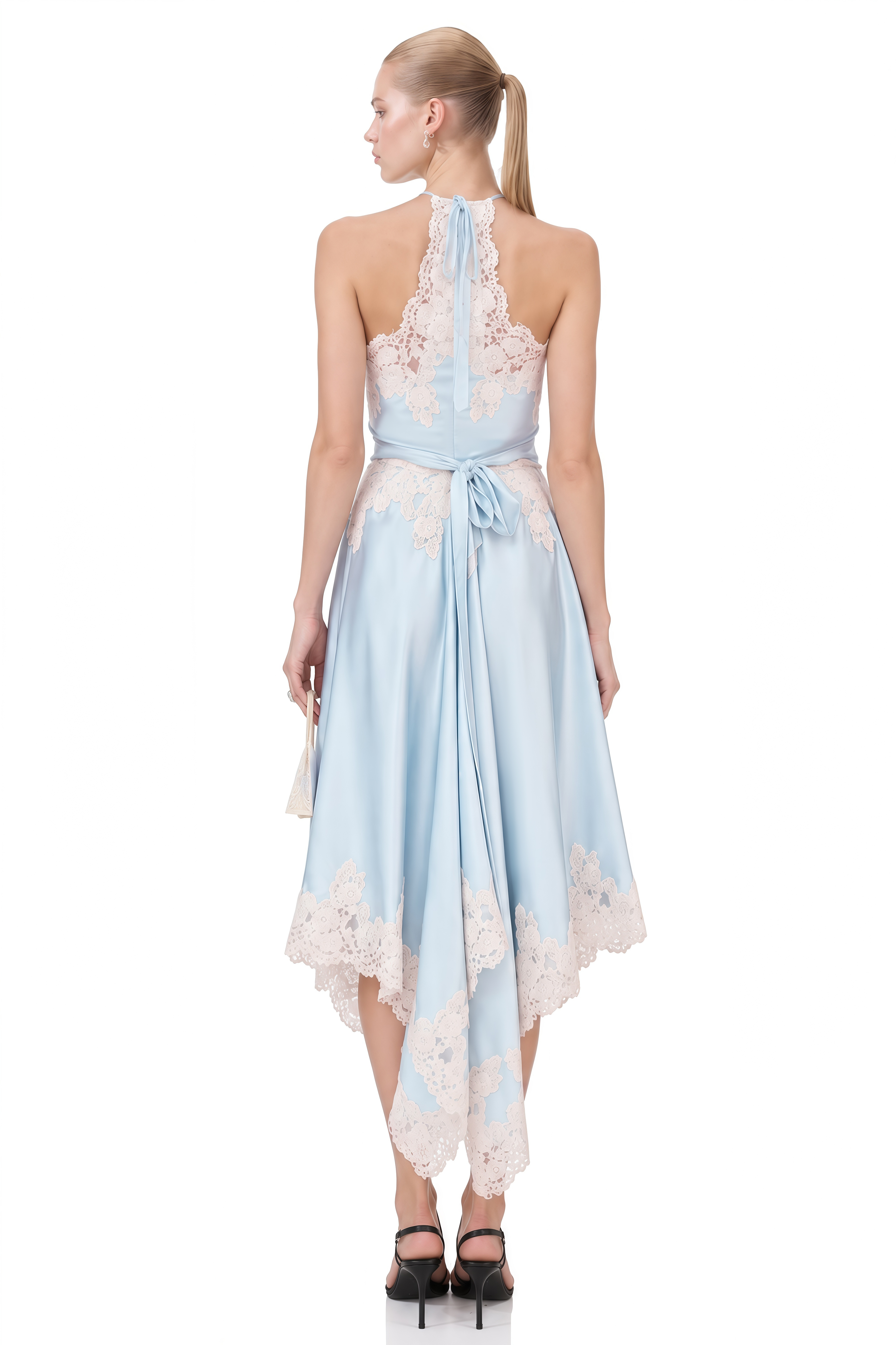 Amelie Light Blue Asymmetrical Lace-Trim Top & Skirt Set