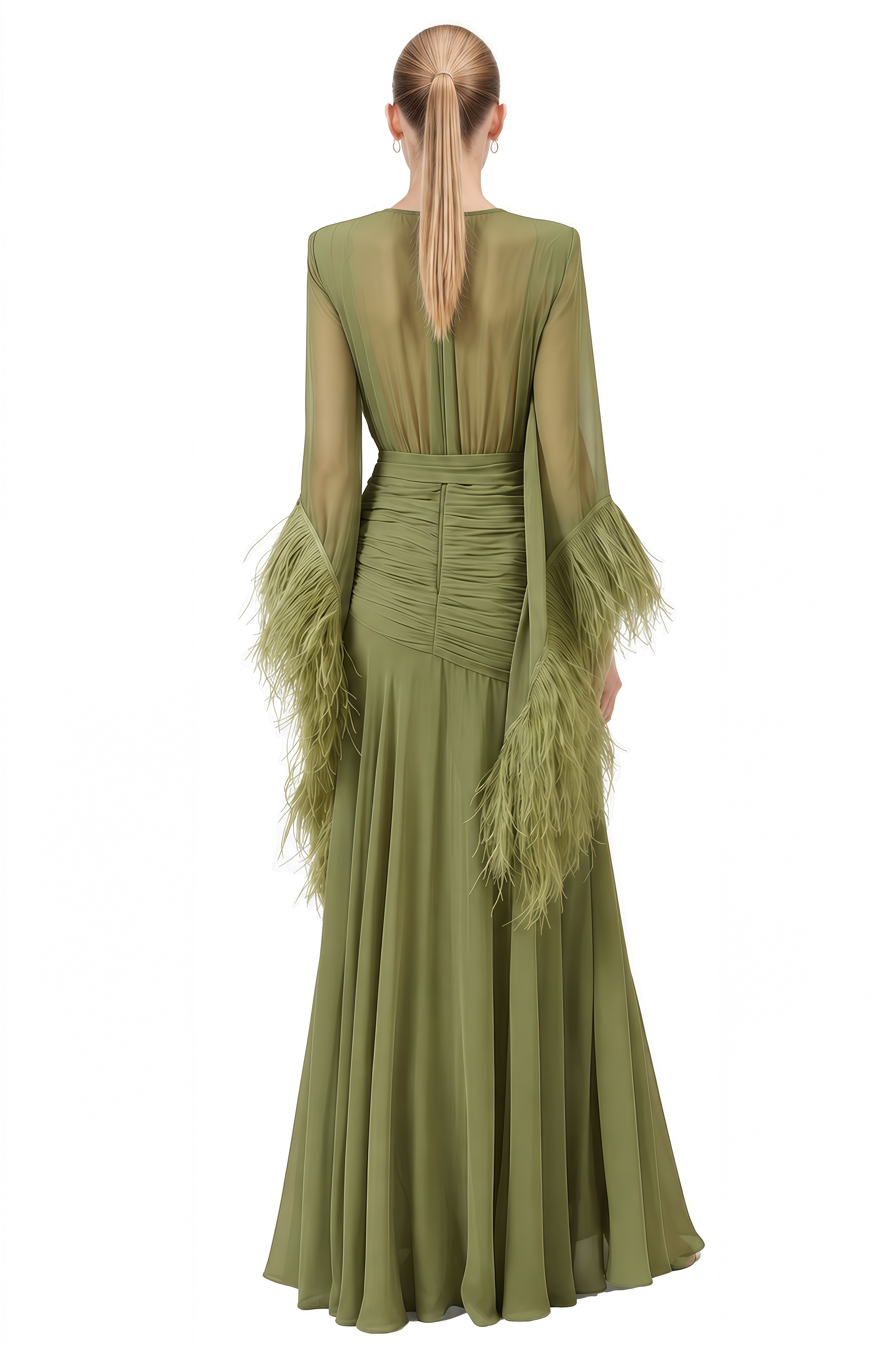 Cecilia Olive Green V-Neck Feather-Trim Maxi Dress