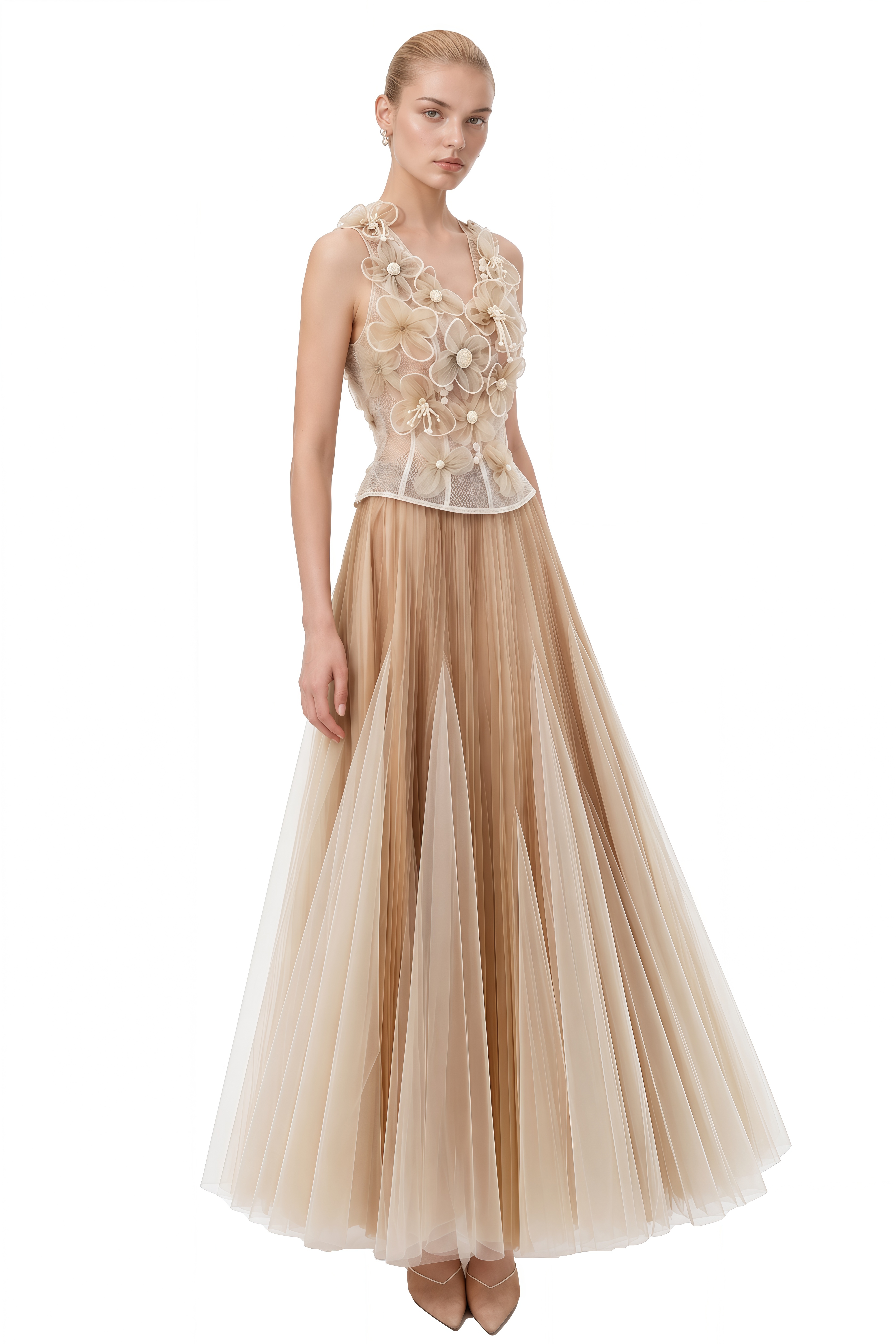 Alice Beige 3D Floral Pleated Top & Skirt Set
