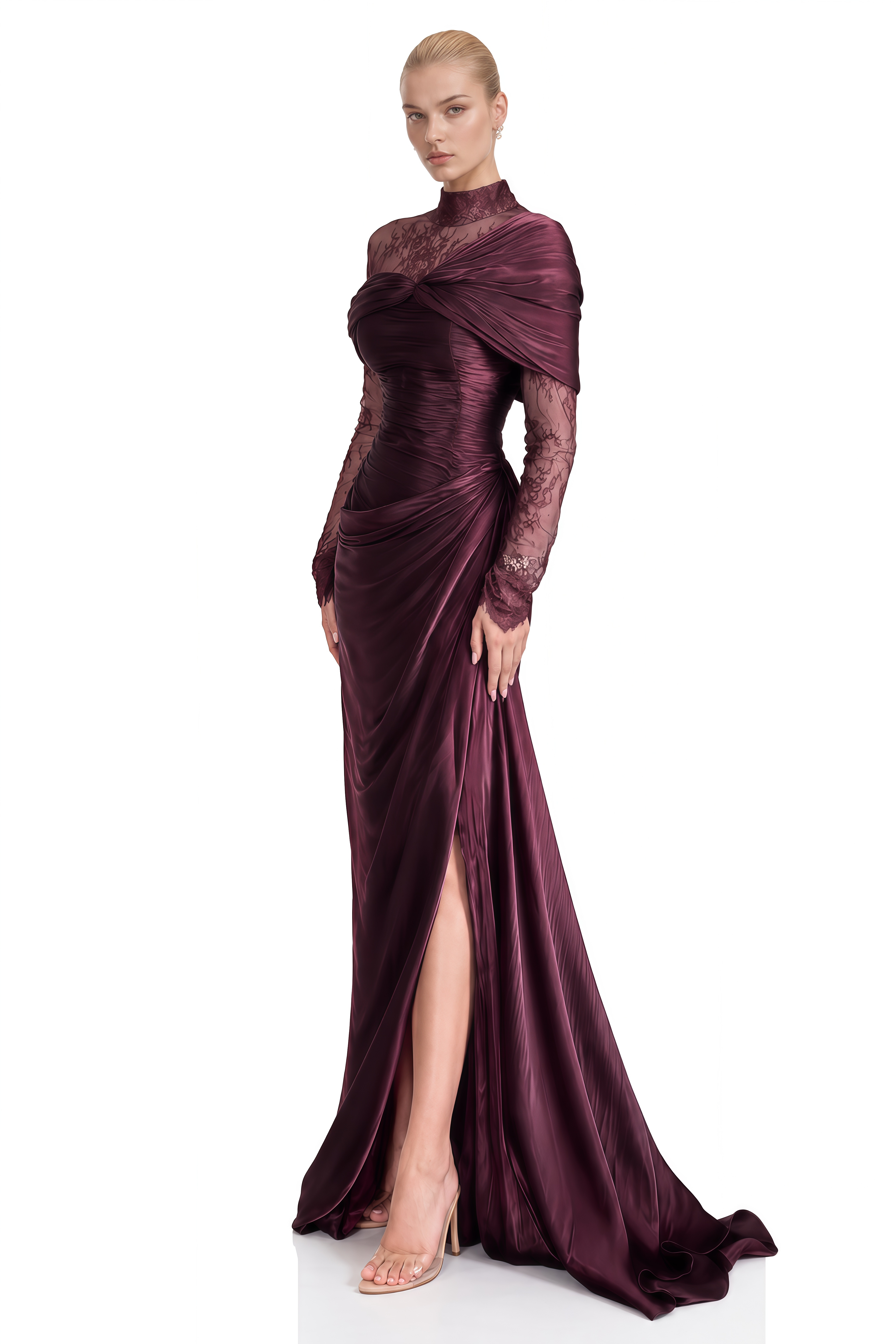 Rose Wine Red Asymmetrical Lace Maxi Dress