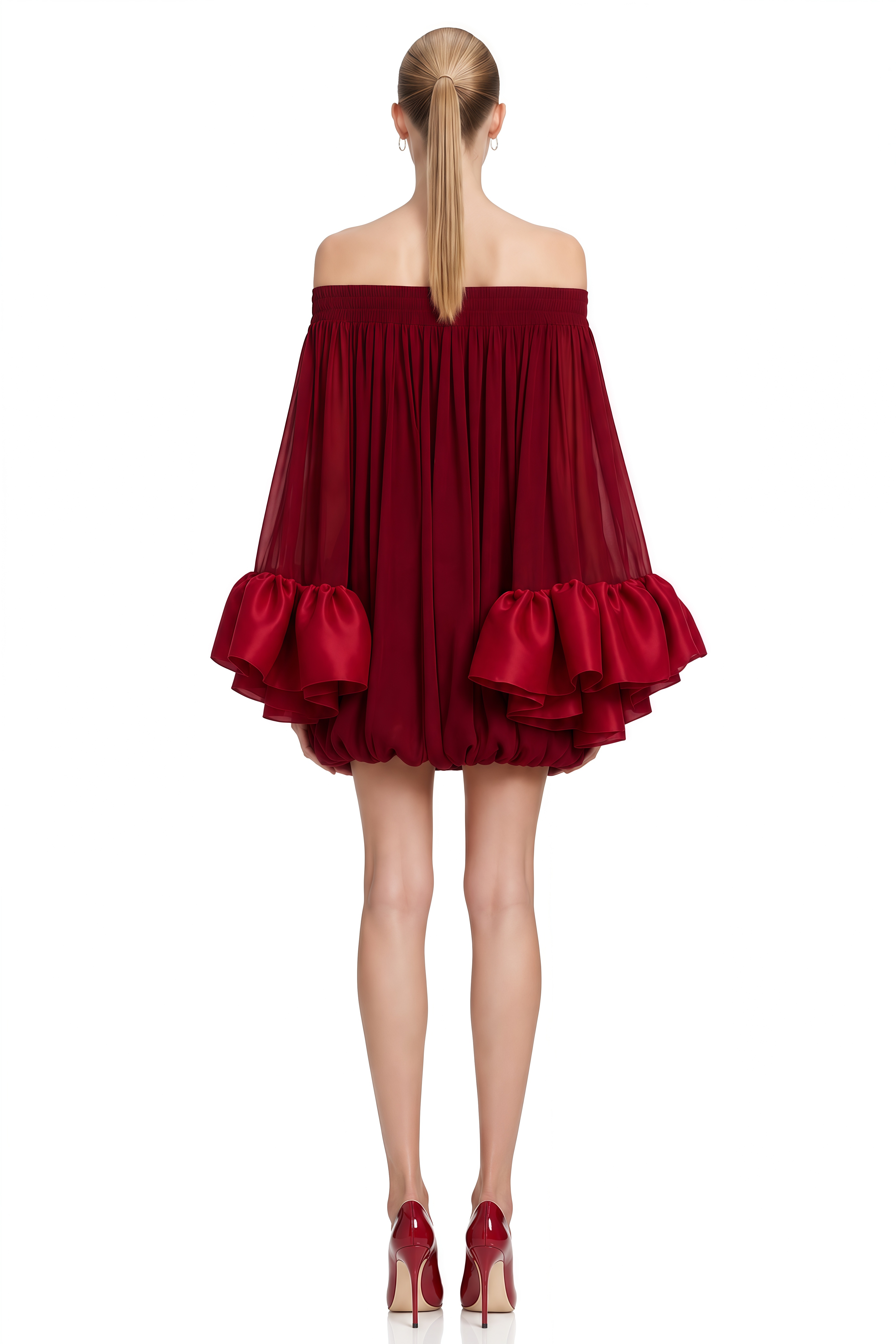 ‌Celeste Burgundy Long Sleeves Bubble-Hem Mini Dress