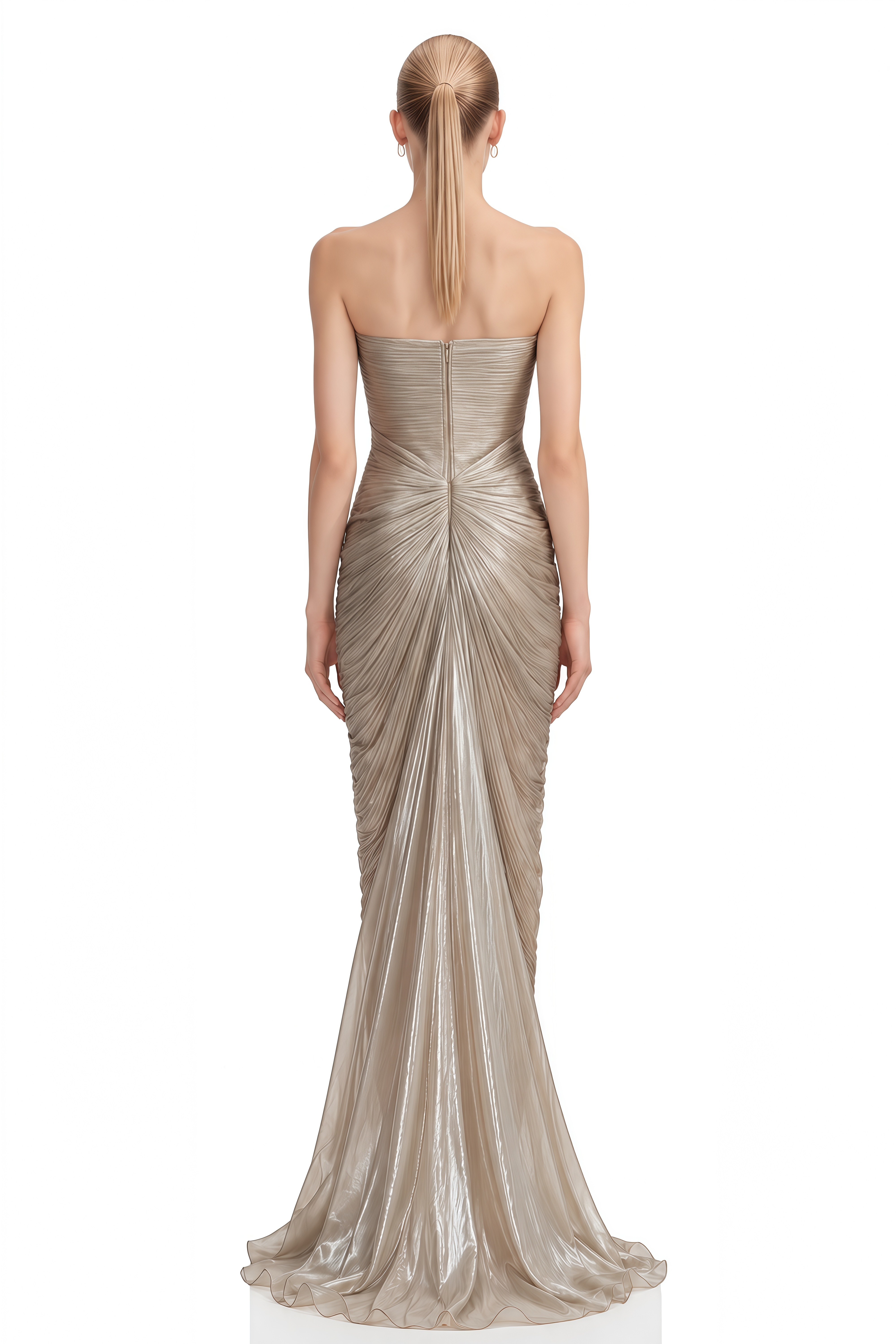 Beatrix Champagne Silver Strapless Slit Maxi Dress