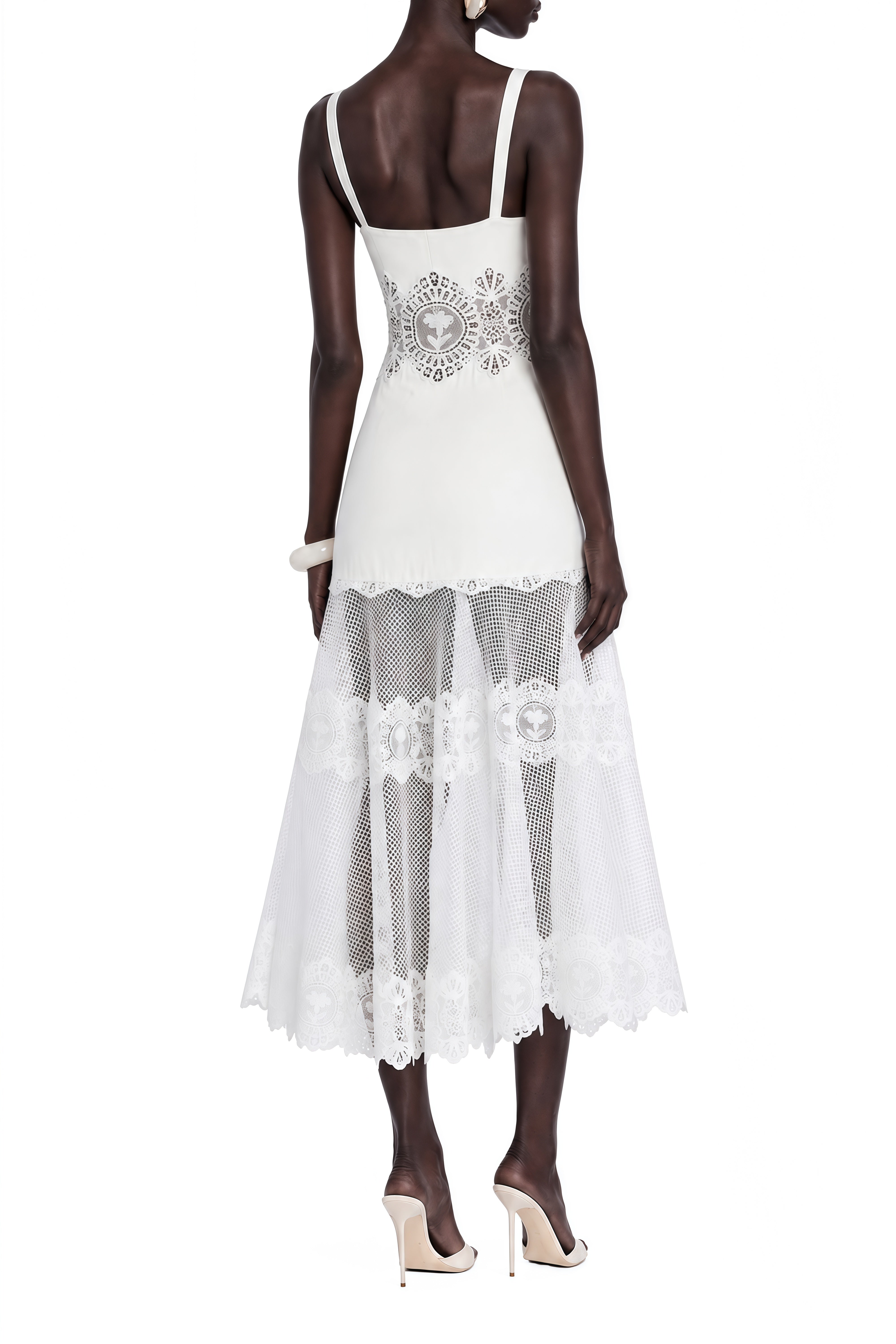 Theodora White Sleeveless Floral Cut-Out Midi Dress