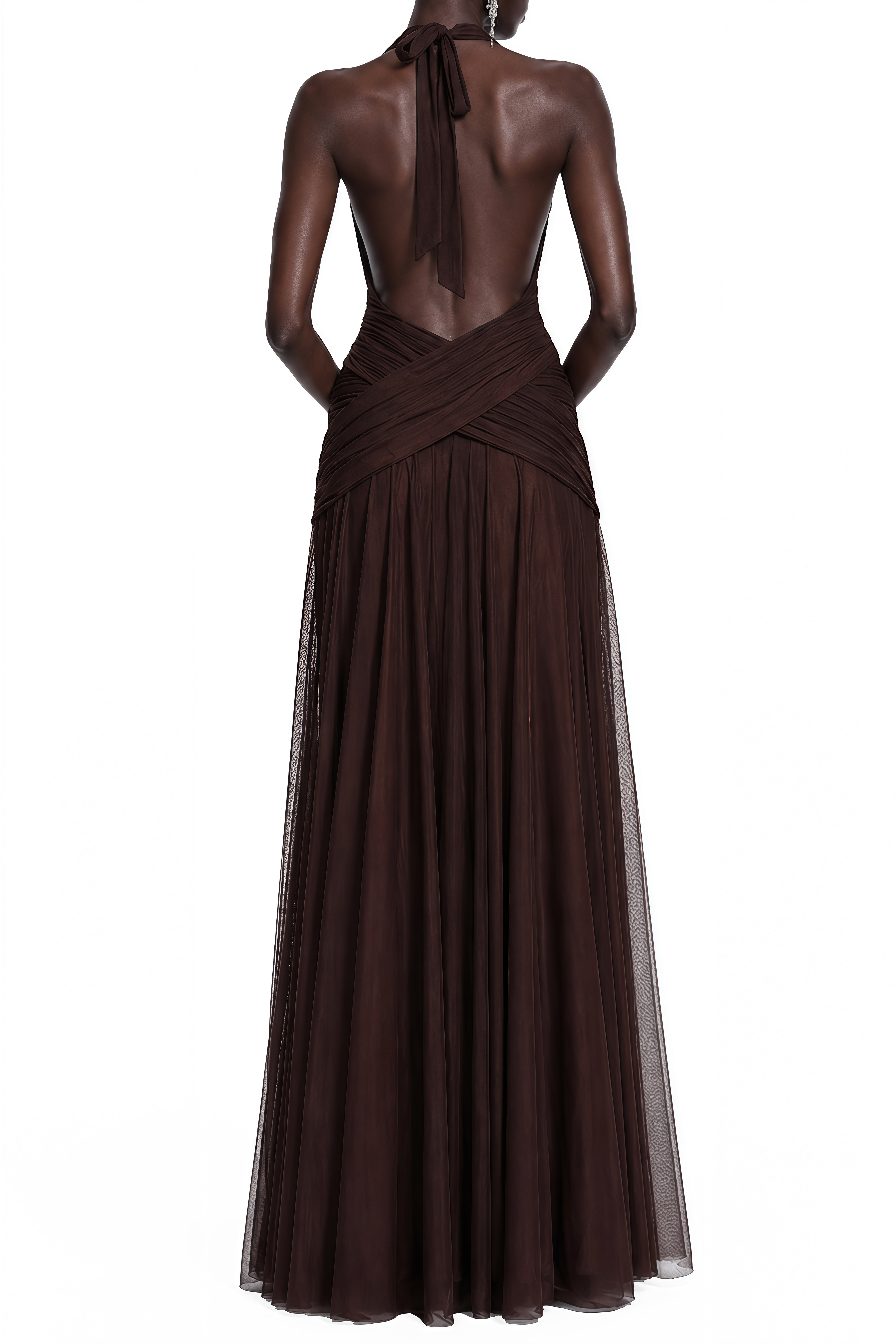 Willow Brown V-Neck Ruched Maxi Dress