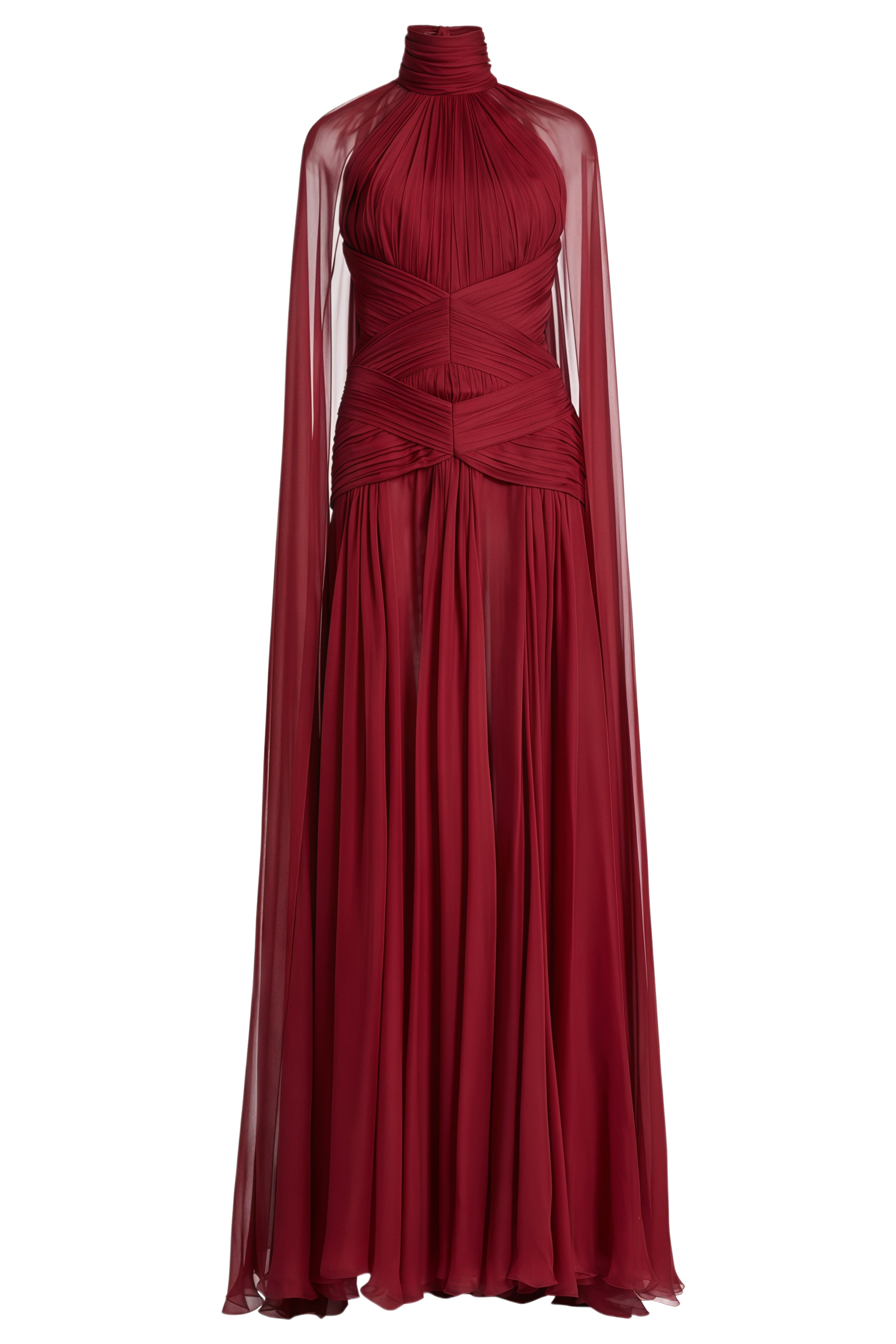 Liora Red Cape Design Ruched Maxi Dress