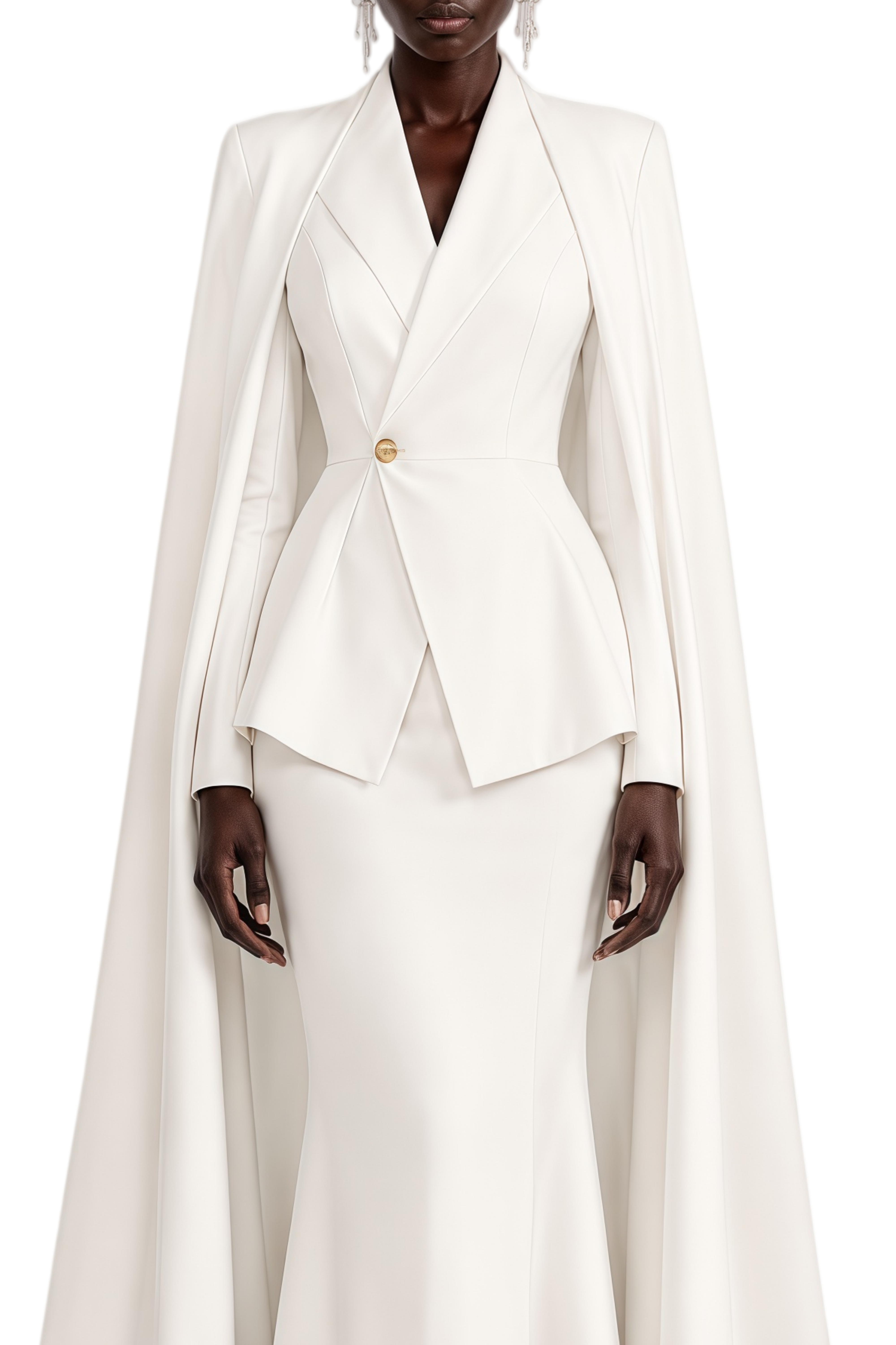 Odette White Draped Cape Design Blazer & Skirt Set