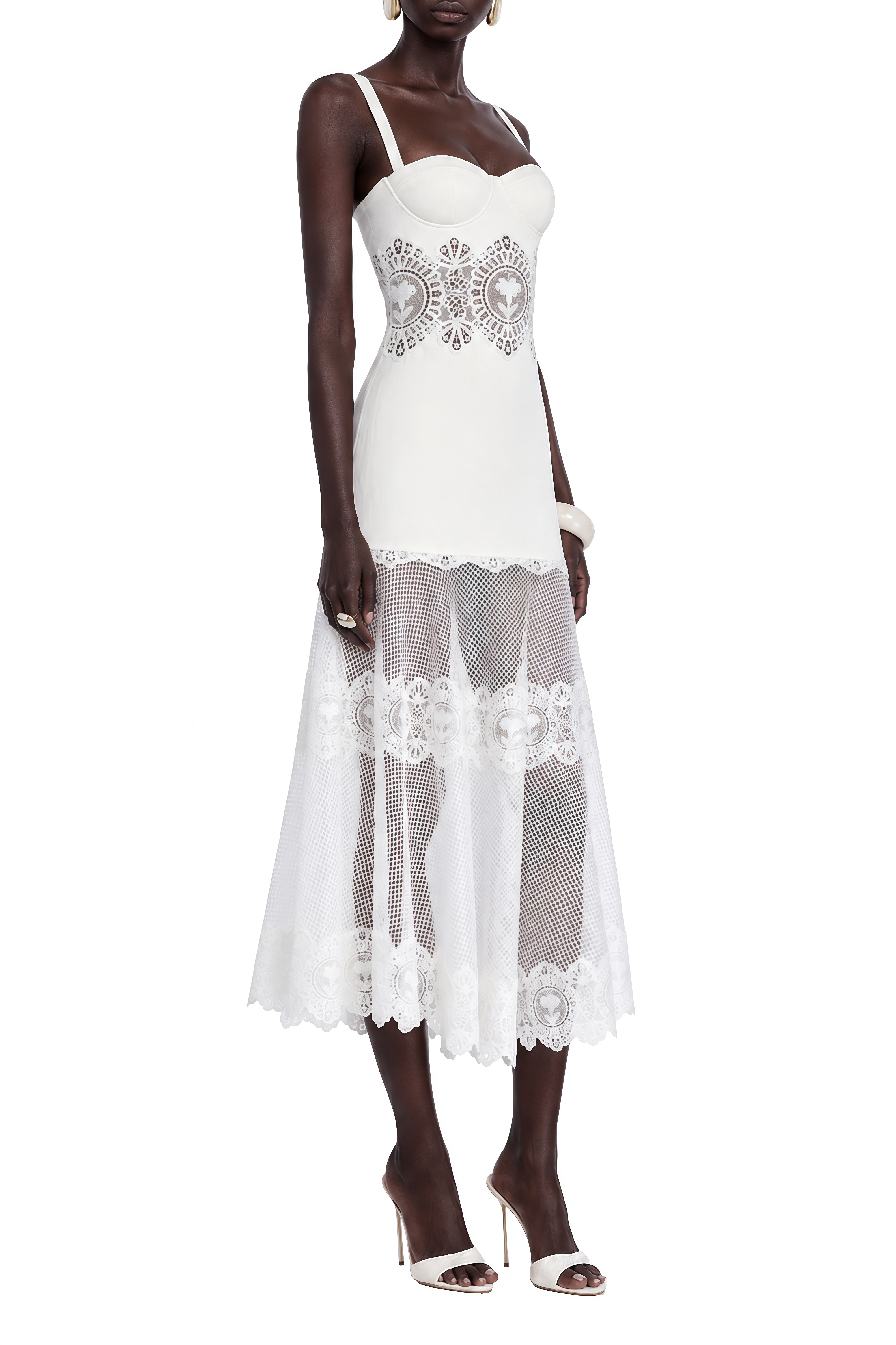 Theodora White Sleeveless Floral Cut-Out Midi Dress