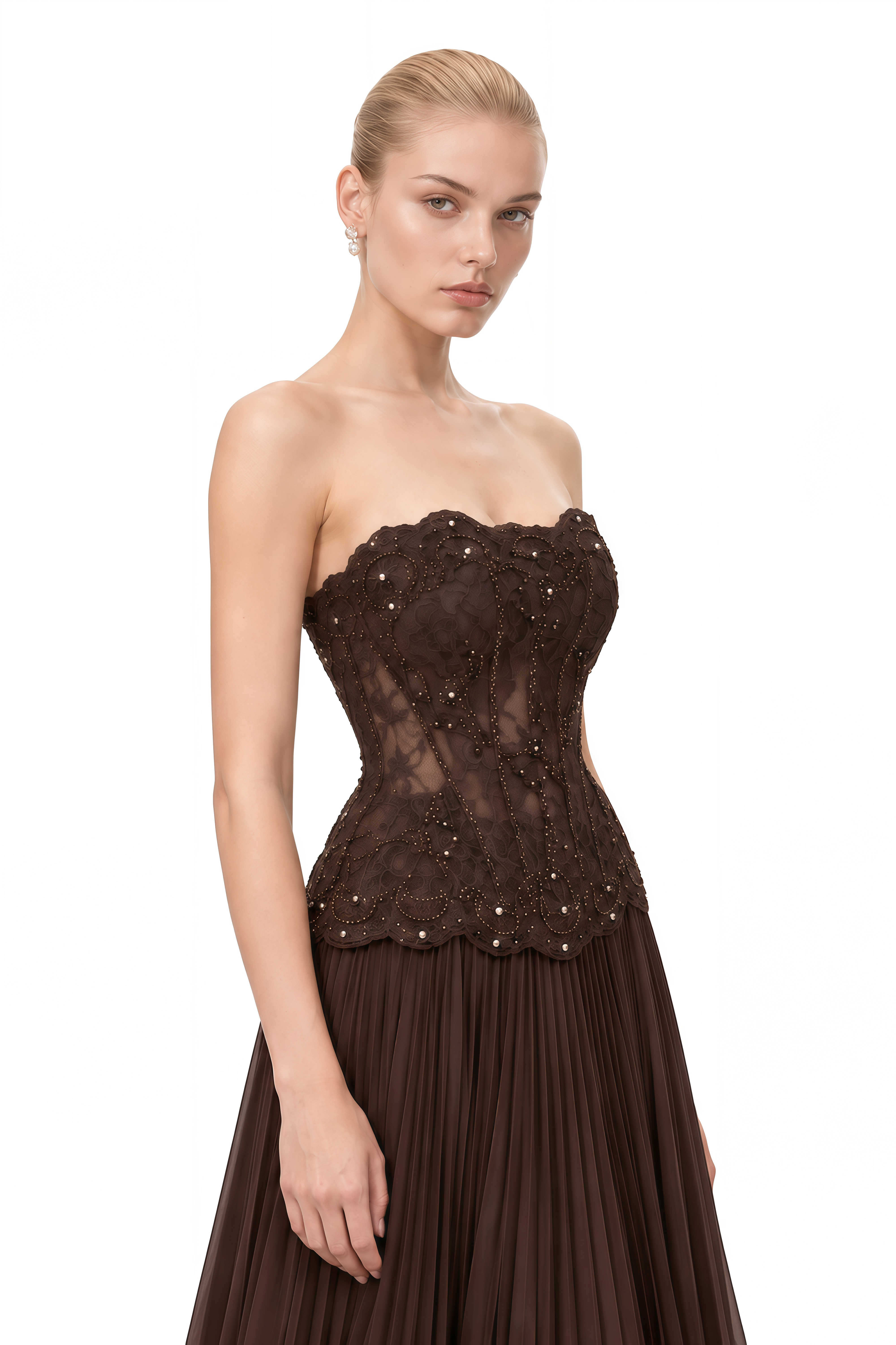 Eloise Chocolate Brown Strapless Embellished Maxi Dress