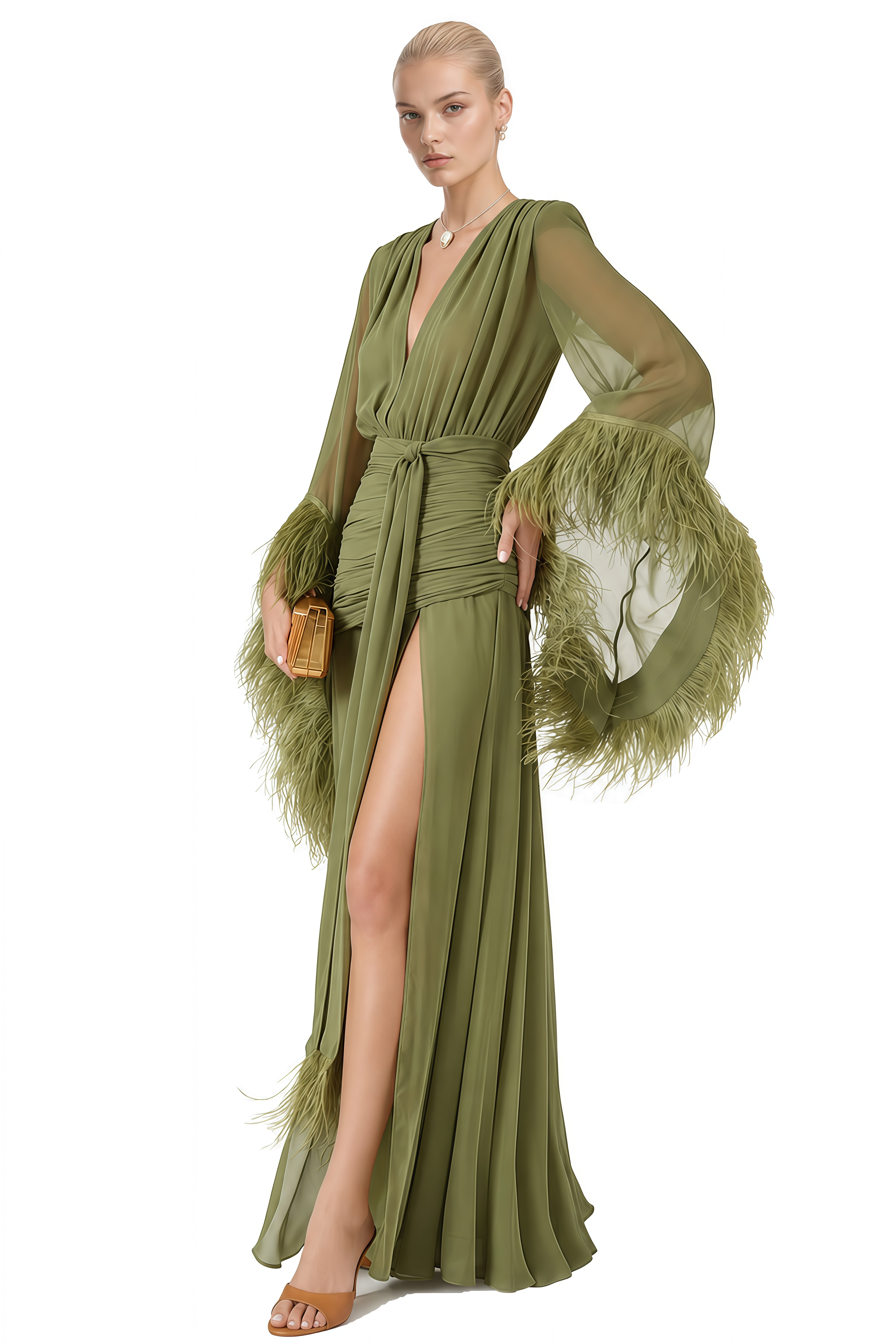 Cecilia Olive Green V-Neck Feather-Trim Maxi Dress