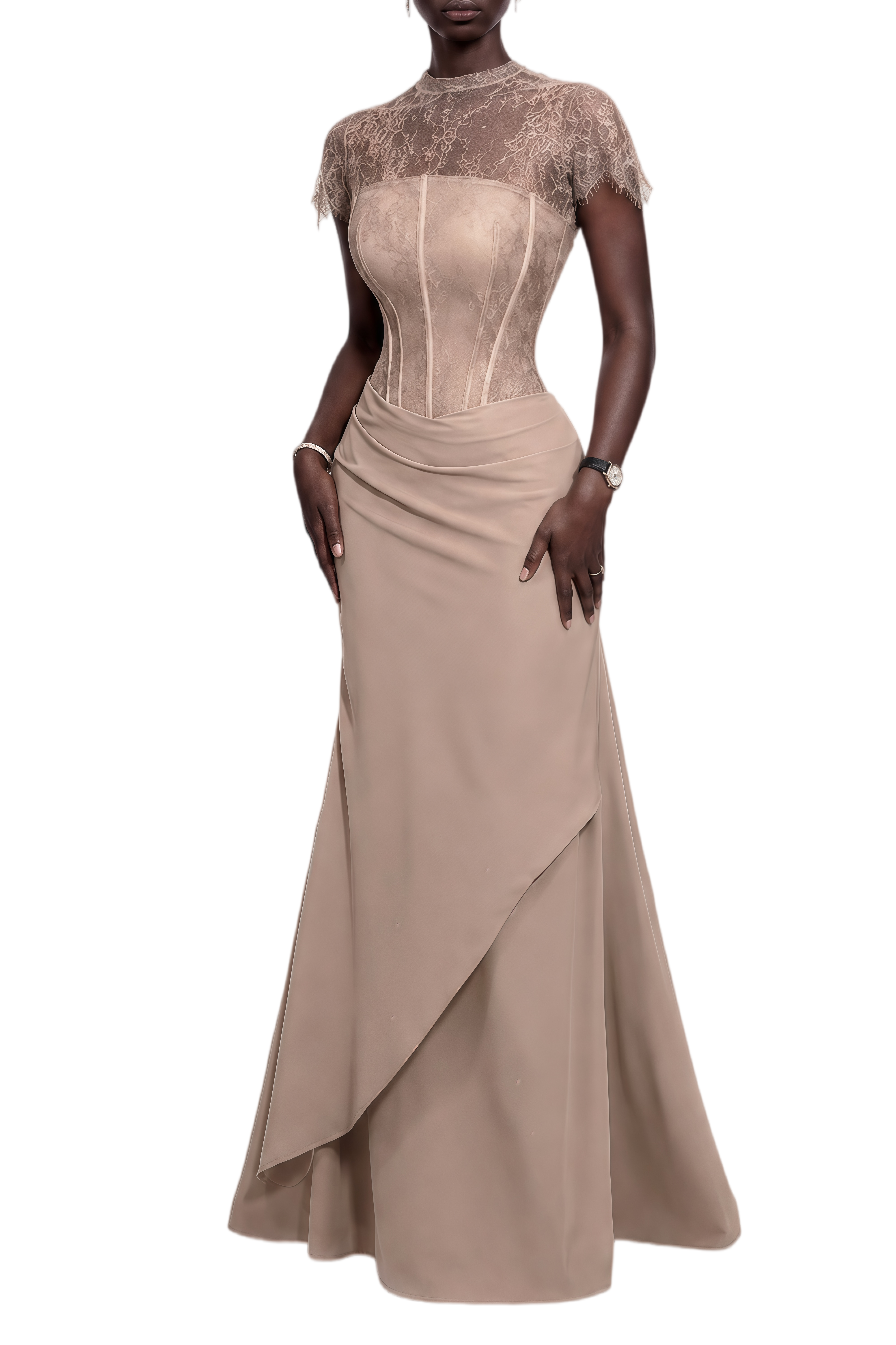 Grace Beige Lace Draped Maxi Dress