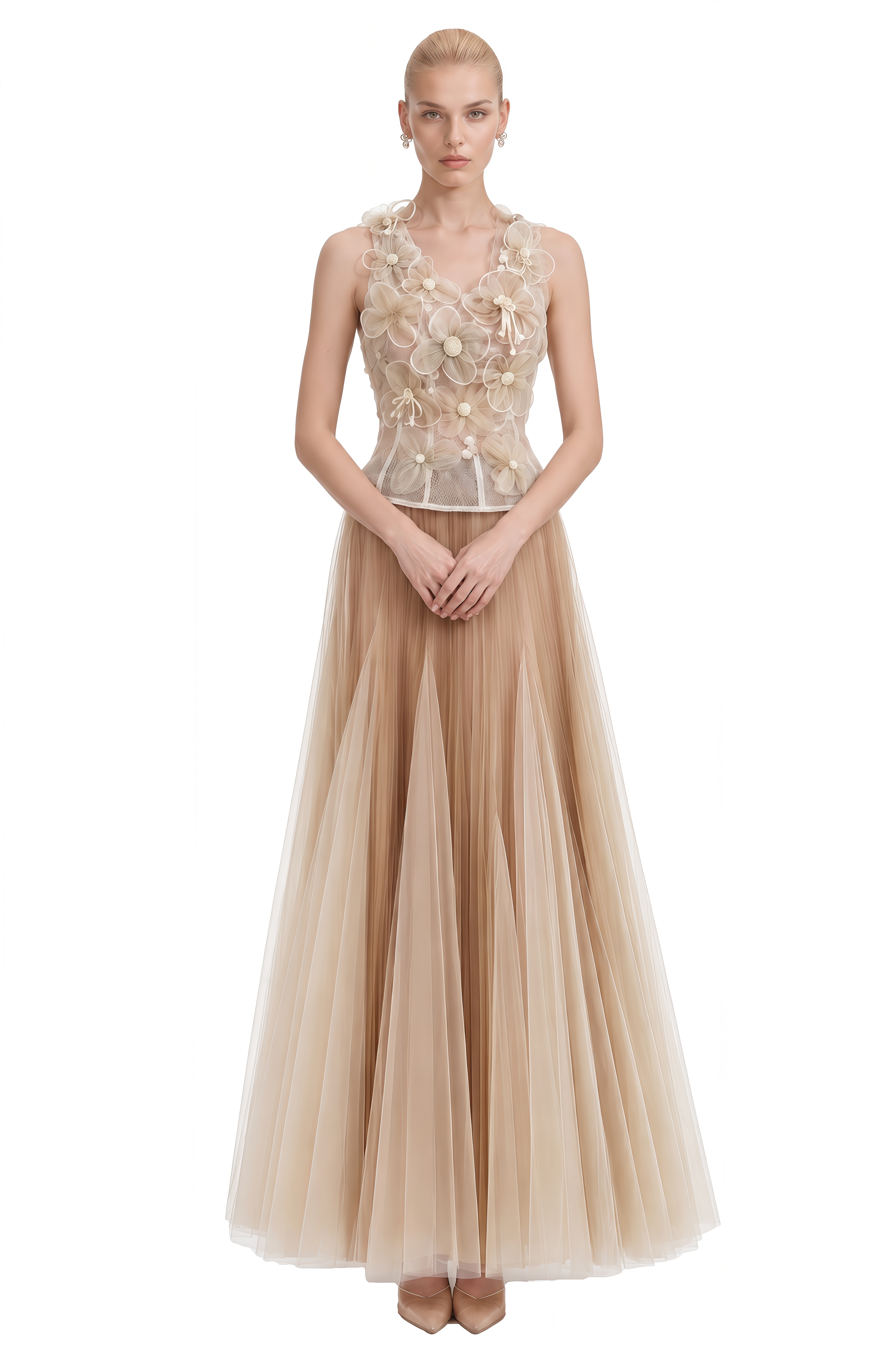 Alice Beige 3D Floral Pleated Top & Skirt Set