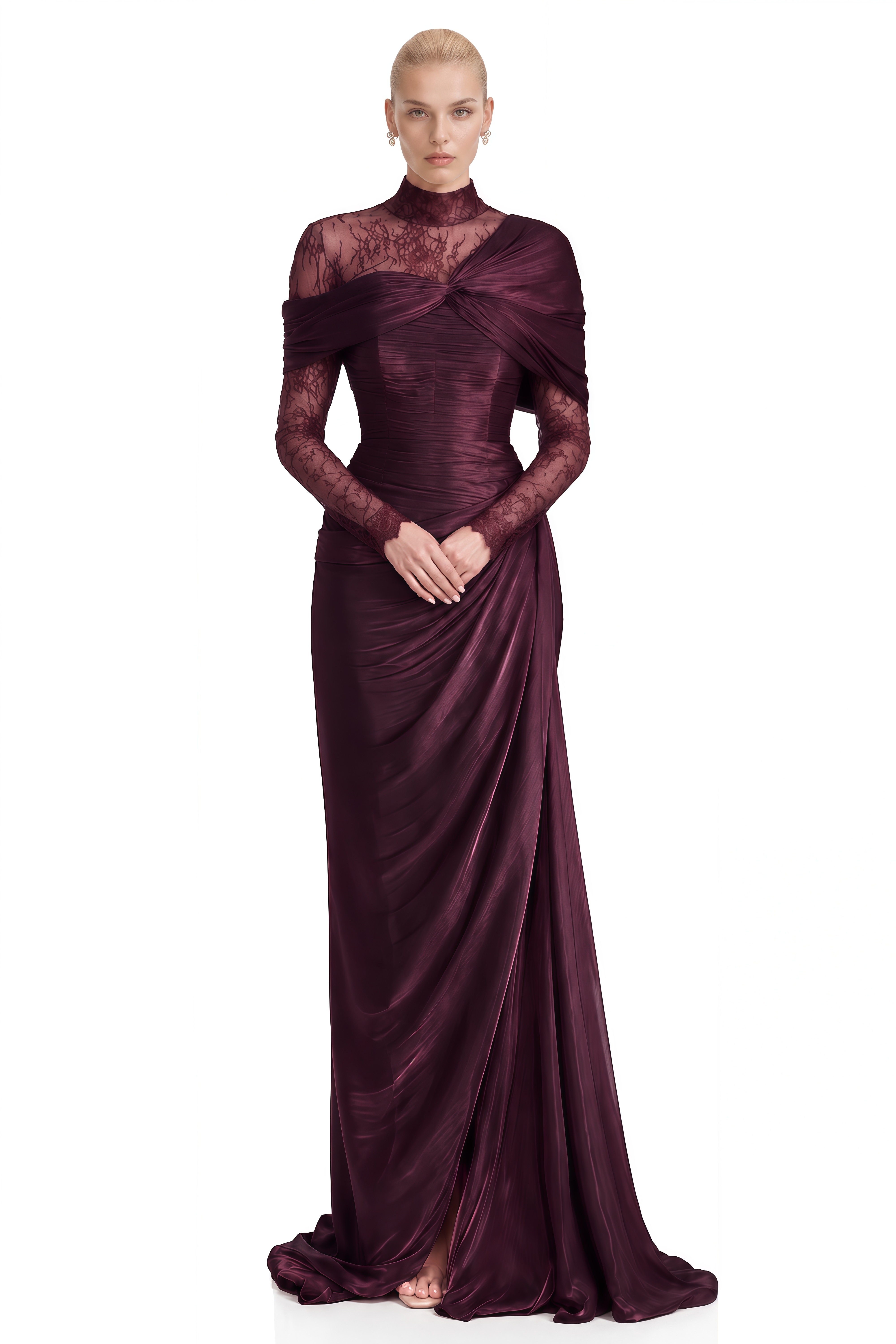 Rose Wine Red Asymmetrical Lace Maxi Dress