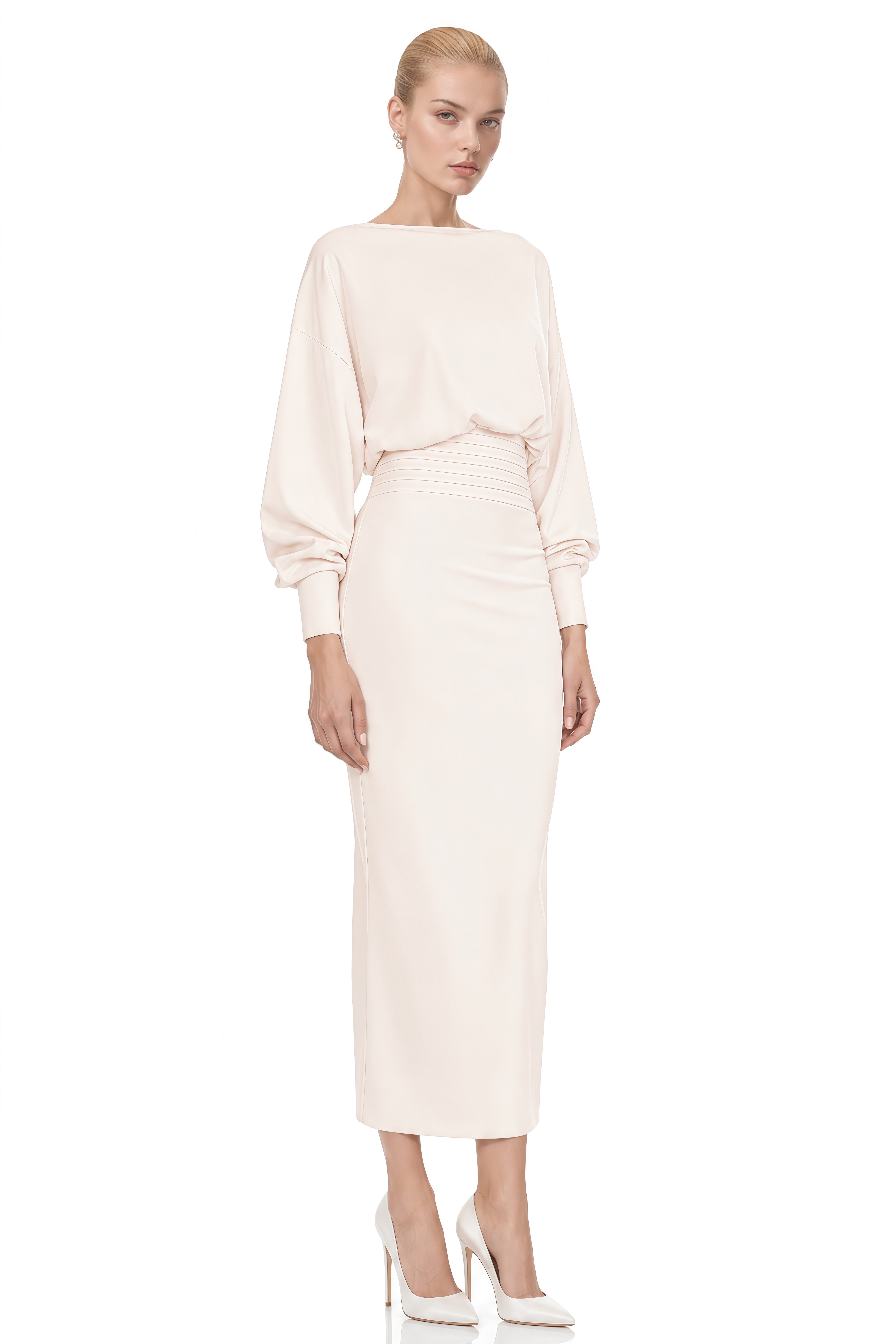 Aria White Long Sleeves Knitted Midi Dress