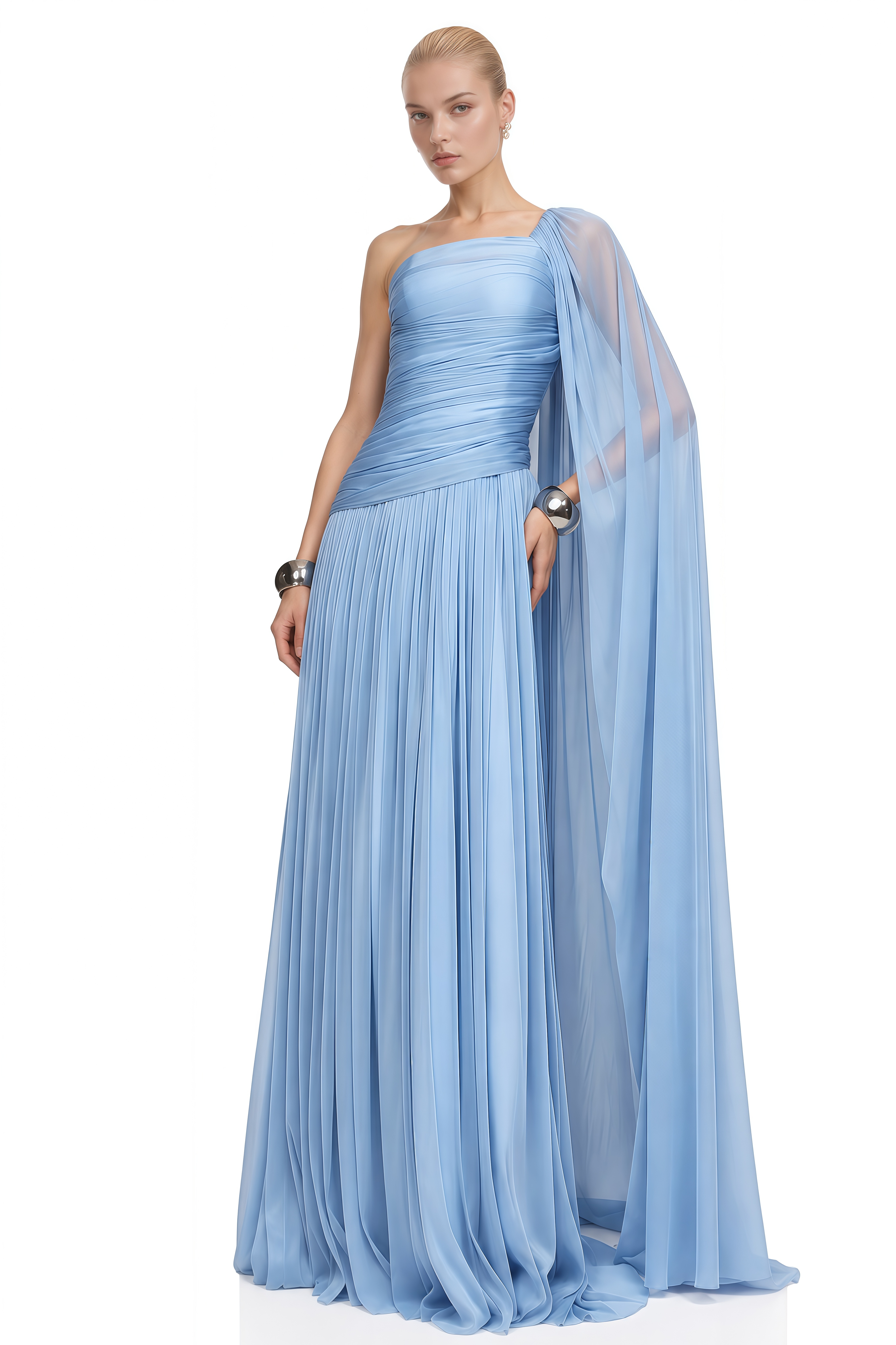 Millie Light Blue One-Shoulder Draped Maxi Dress