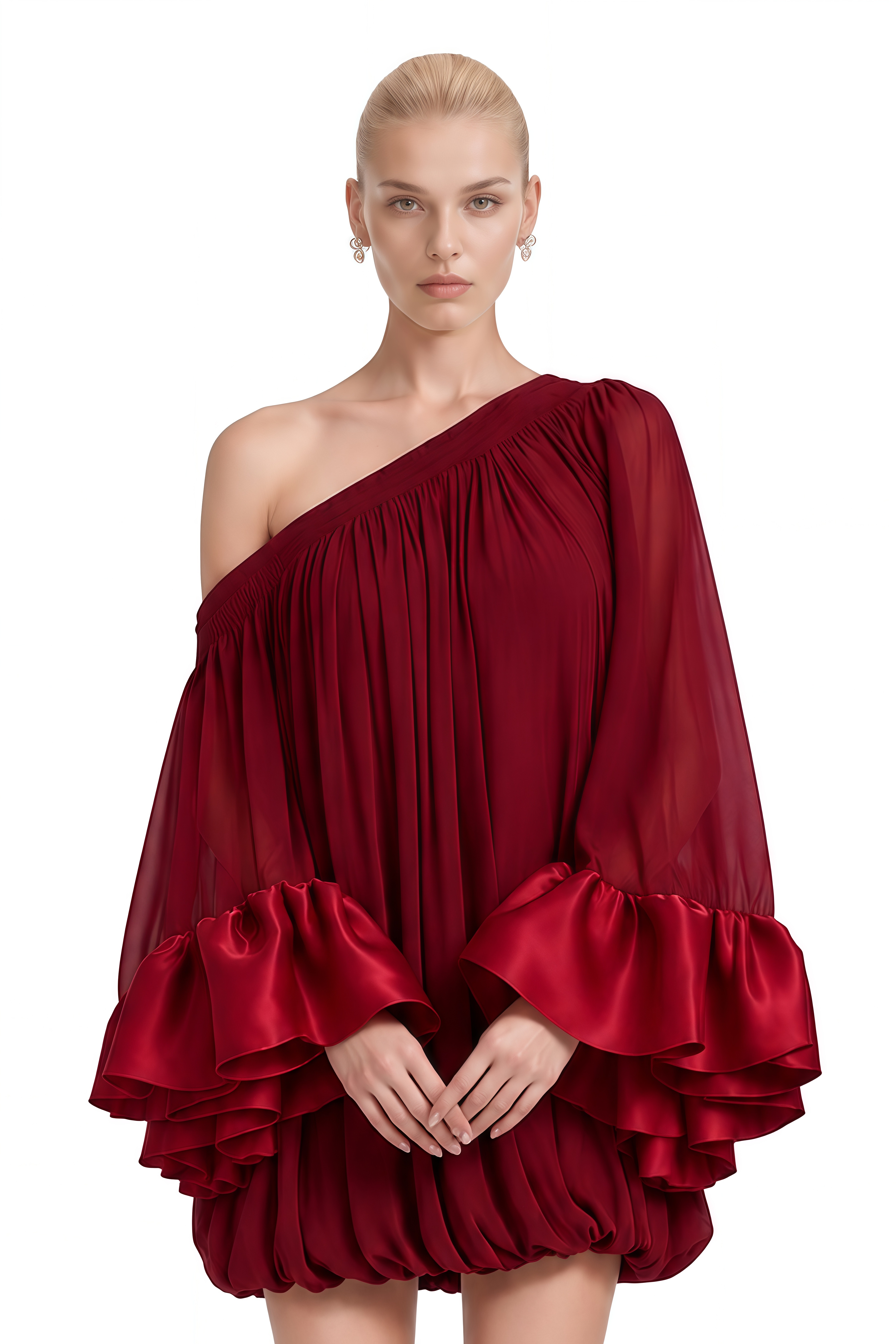 ‌Celeste Burgundy Long Sleeves Bubble-Hem Mini Dress