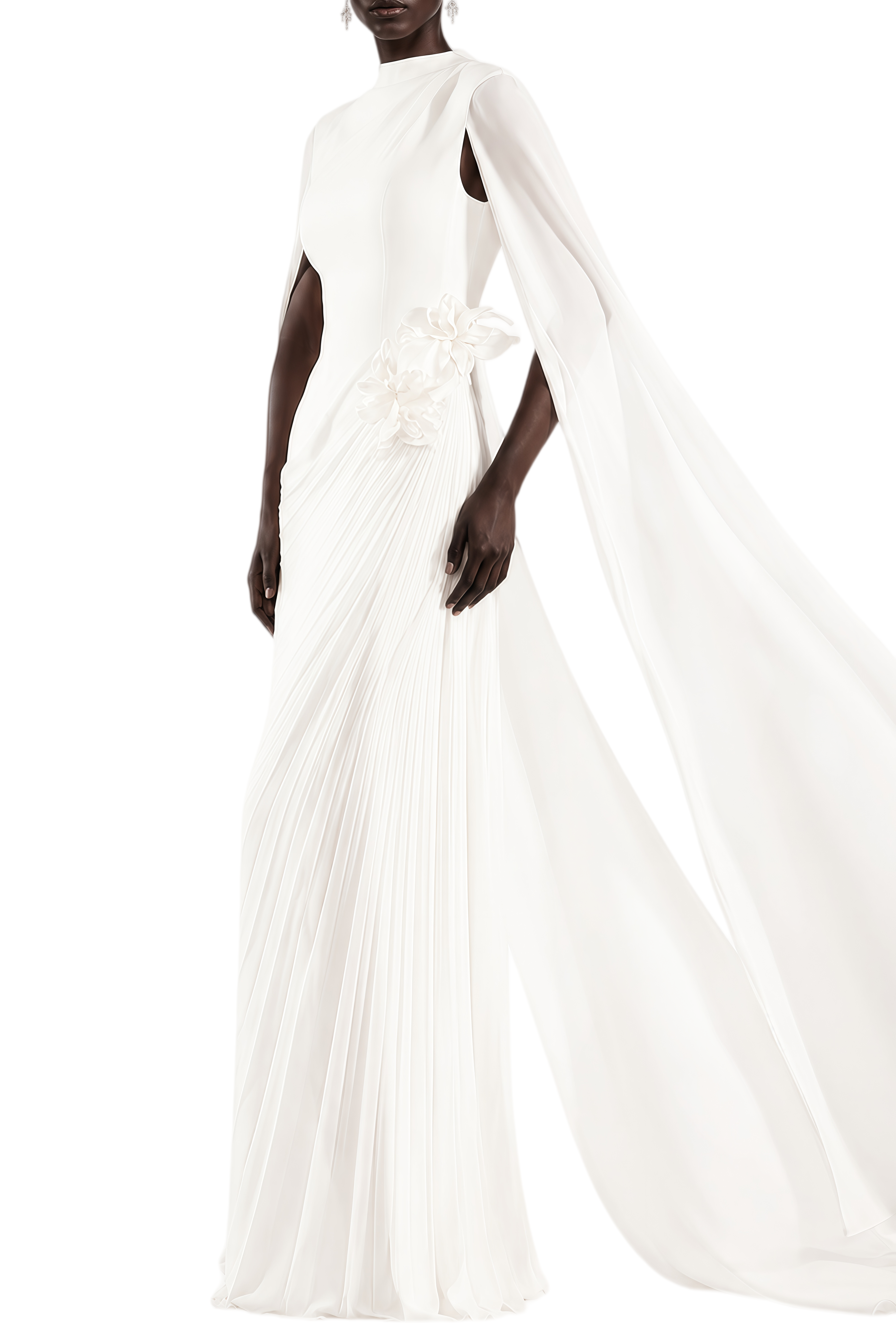 Odette White 3D Floral Appliqué Cape Design Maxi Dress